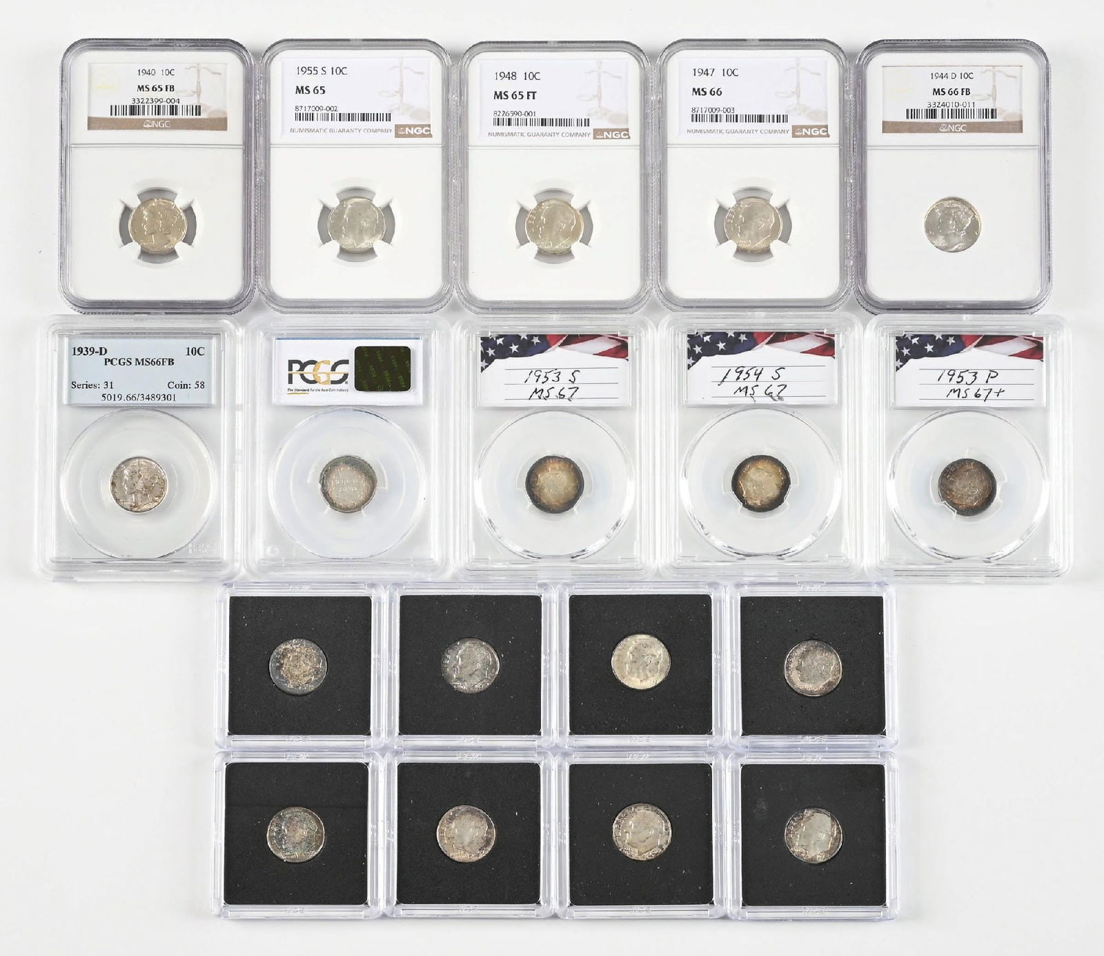 LOT OF 18: DIMES FROM 1888-1960: Large lots of graded and ungraded silver dimes.