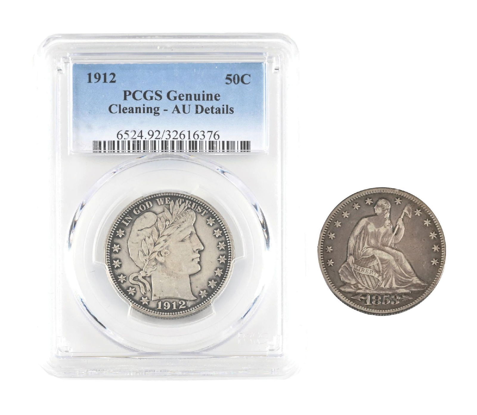 LOT OF 2: 1853 50C & 1912 50C AU DETAILS PCGS: Seated half looks to be VF+.