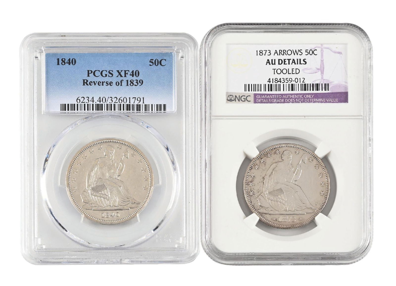 LOT OF 2: 1873 ARROWS 50C & PCGS XF 40 REVERSE OF 1839. (1 of 6)