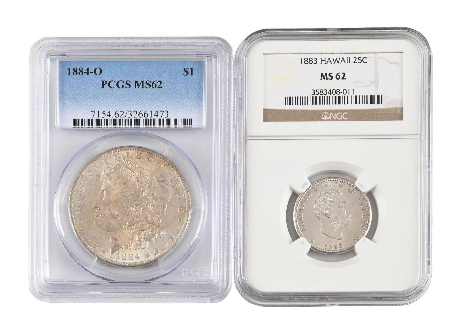 LOT OF 2: 1883 HAWAII 25C MS62 & 1884-O $1 MS62 PCGS: LOT OF 2: 1883 HAWAII 25C MS62 & 1884-O $1 MS62 PCGS