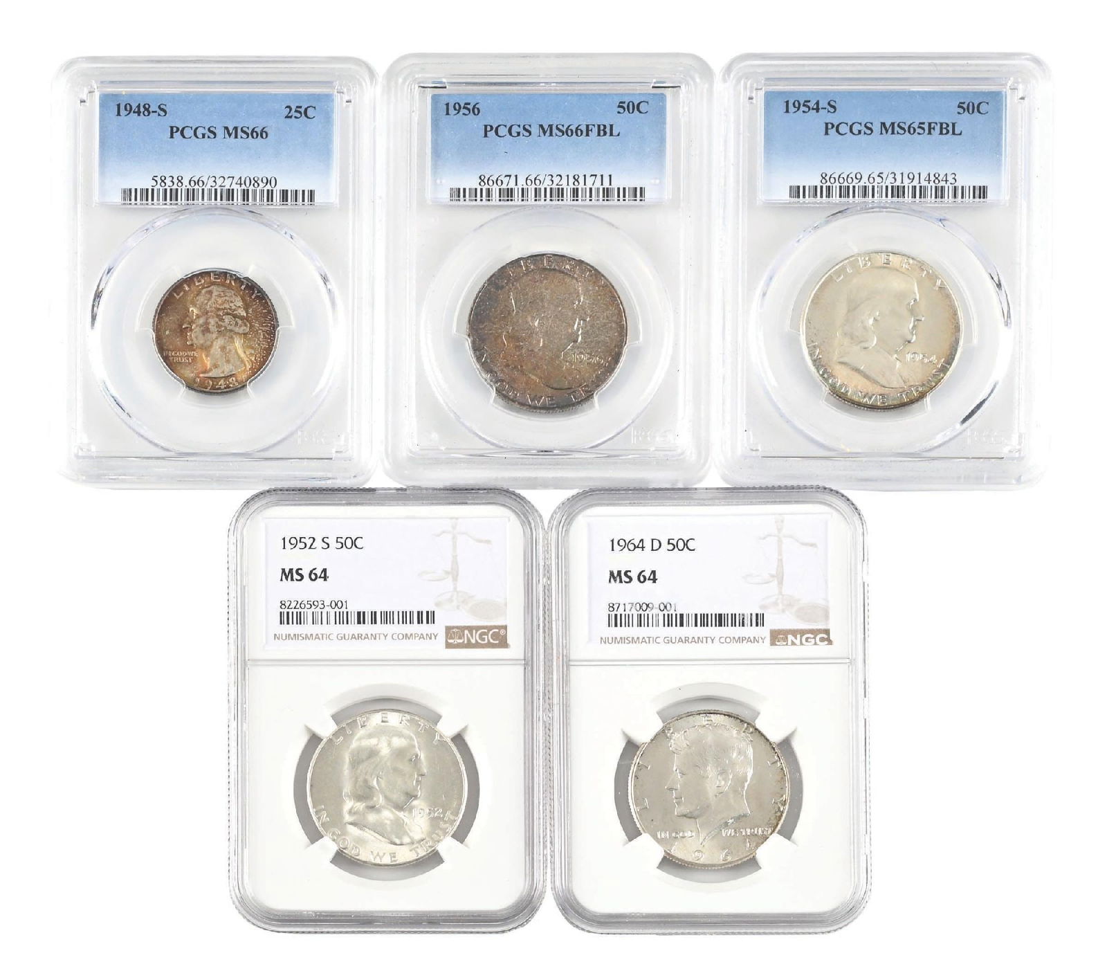 LOT OF 5: 1948-S PCGS MS68 QUARTER AND 4 GRADED HALF DOLLARS: LOT OF 5: 1948-S PCGS MS68 QUARTER AND 4 GRADED HALF DOLLARS