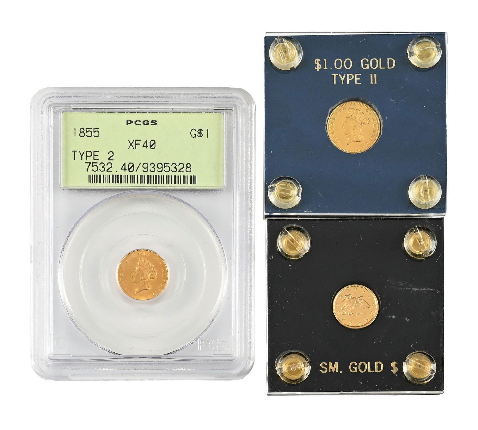 LOT OF 3 $1 GOLD COINS: Lot includes 1855 $1 Gold PCGS XF40, 1873 $1 ungraded and 1854 $ 1 ungraded.