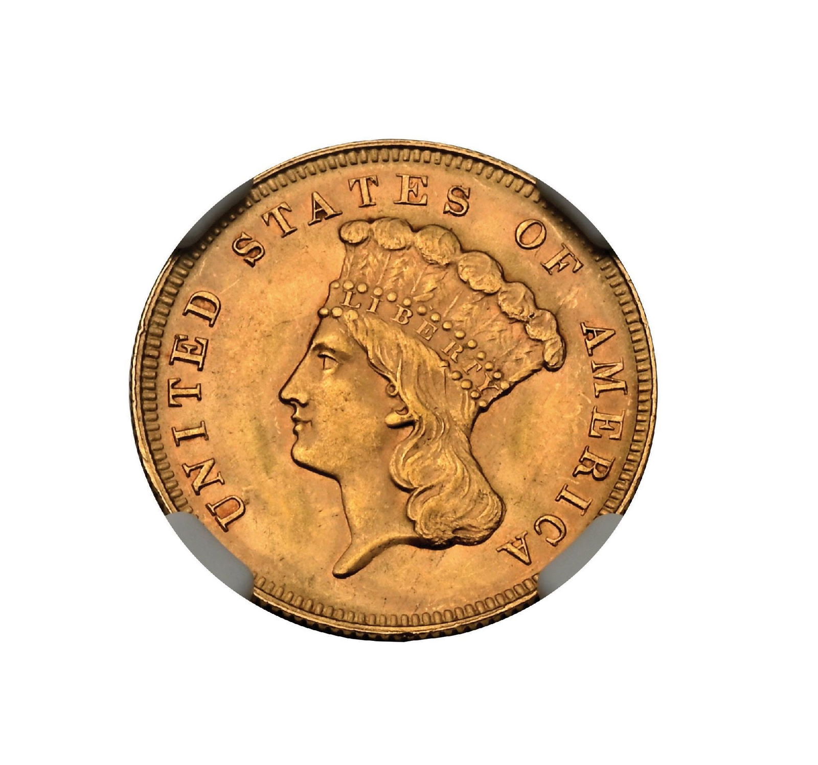 1878 $3 NGC MS64: This is an exceptionally popular and highly sought-after coin for several reasons, most notably its beautiful design and the unique $3 gold denomination. Graded Choice Gem by NGC and further distingui