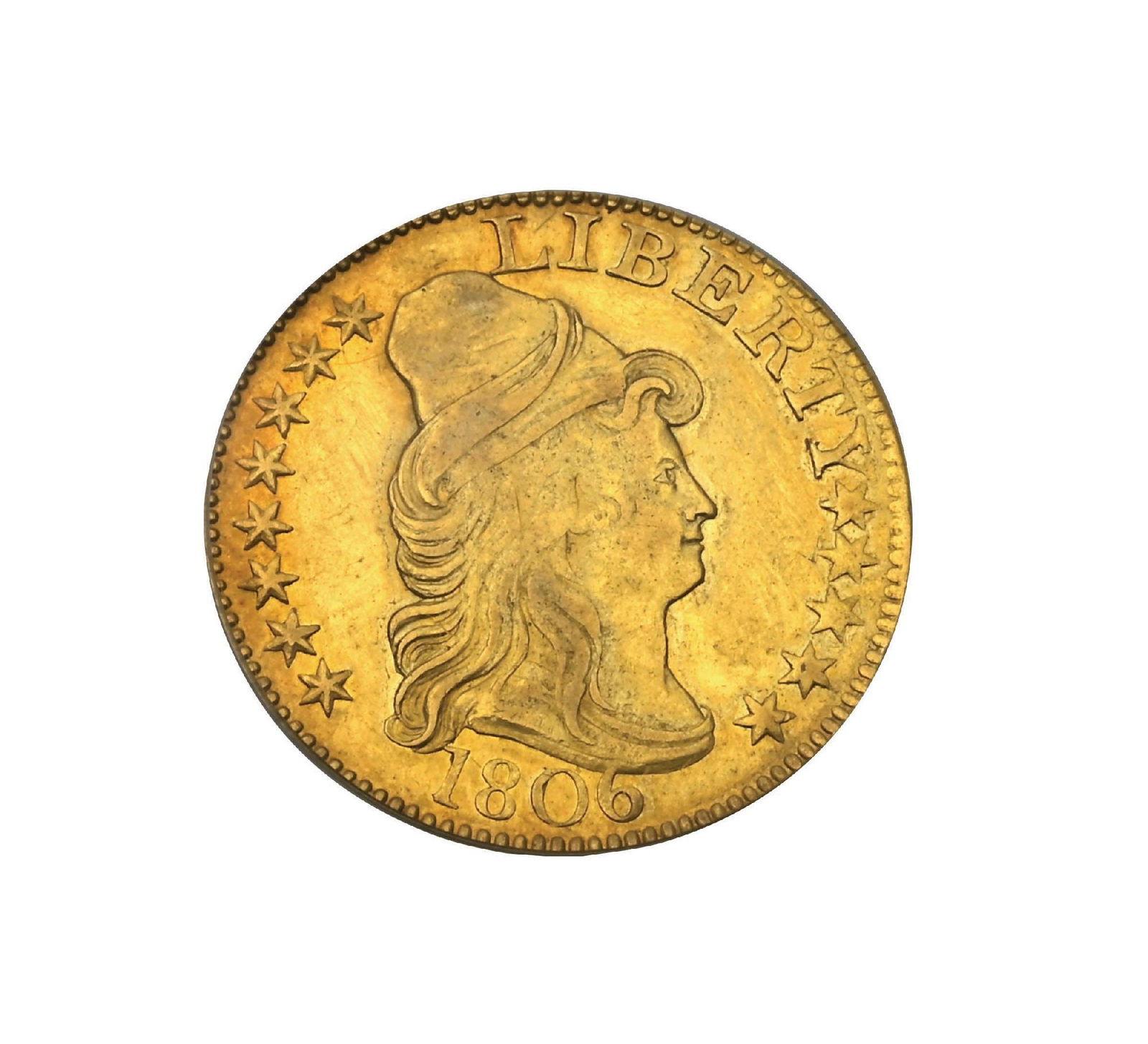 1806 $5 POINTED 6, 8X5 STARS AU55 PCGS: Beautiful example. Strong strike.