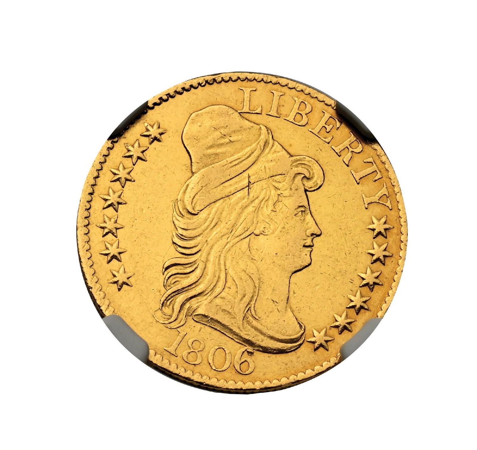 1806 KNOBBED 6 BD 6 HERALDIC $5 EAGLE REVERSE AU53 NGC: A fantastic-looking example of the popular Knobbed 6 variety. This coin displays bright surfaces with strong eye appeal and remains a highly desirable issue among collectors. There is minor contact no