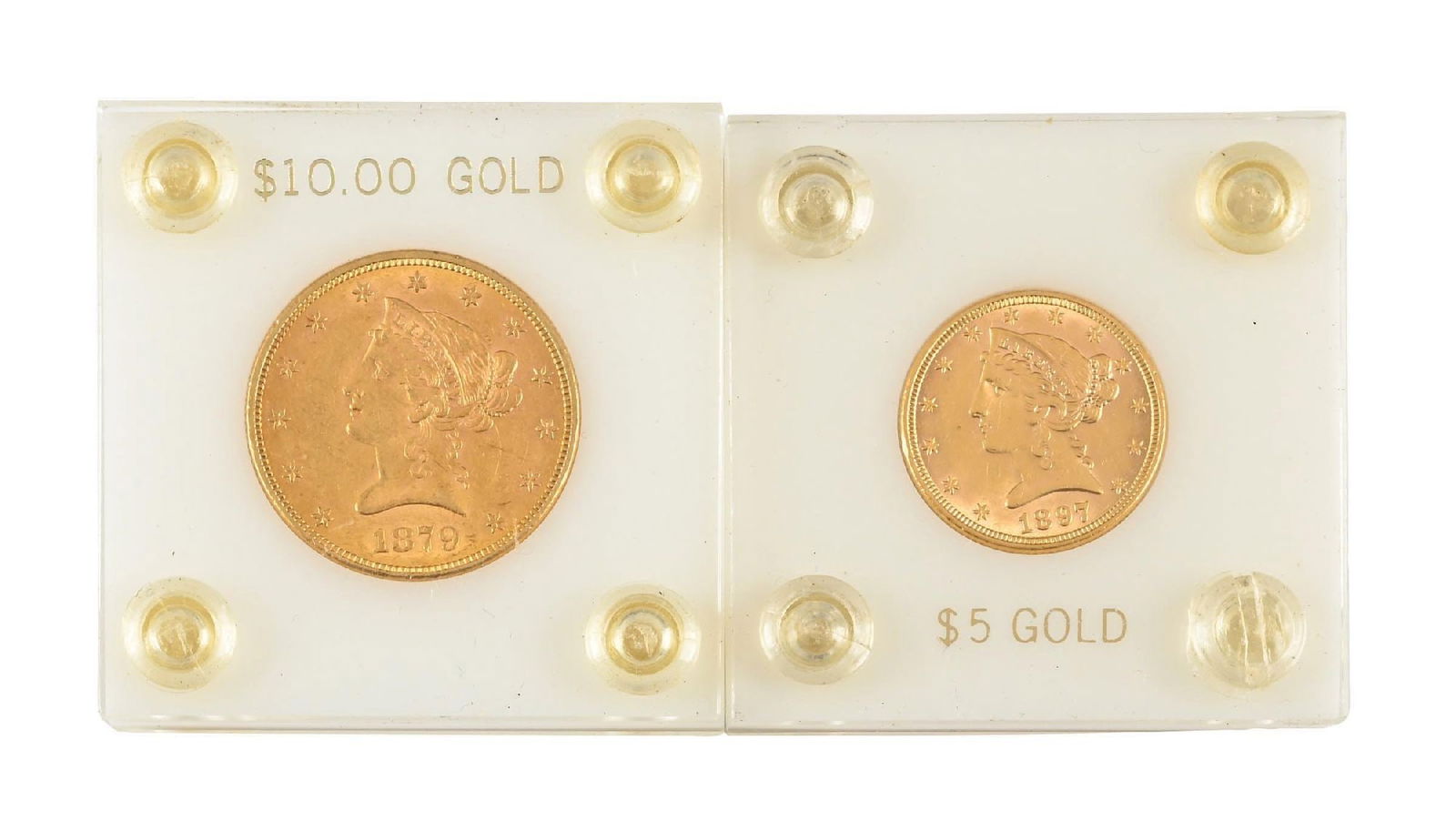 1897 $5 & 1879 $10 COINS: 1897 $5 Liberty & 1879 $10 Liberty. Both in circulated condition.