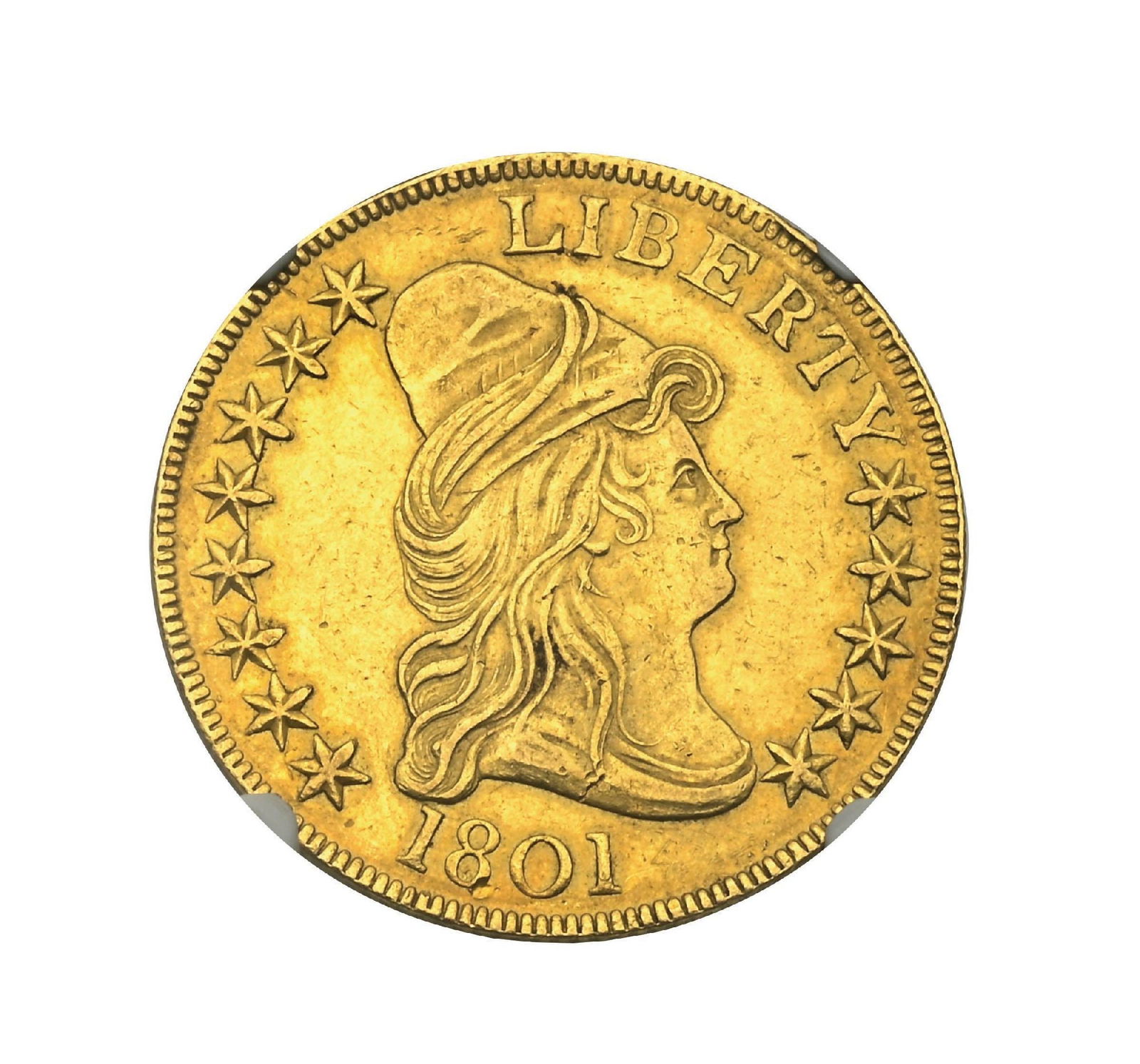 1801 $10 AU55 NGC: An attractive About Uncirculated example of the desirable Draped Bust Heraldic Eagle design. This 1801 issue represents one of the more available dates in the series, yet remains highly sought after b