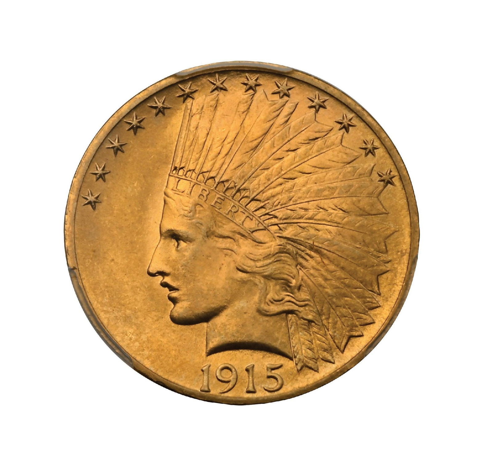 1915 $10 MS65 PCGS: This beautiful coin stands as one of the most elegant designs in U.S. coinage. Graded PCGS Gem MS65, it is truly breathtaking, with outstanding detail throughout. The Indian Head bonnet shows sharp, w