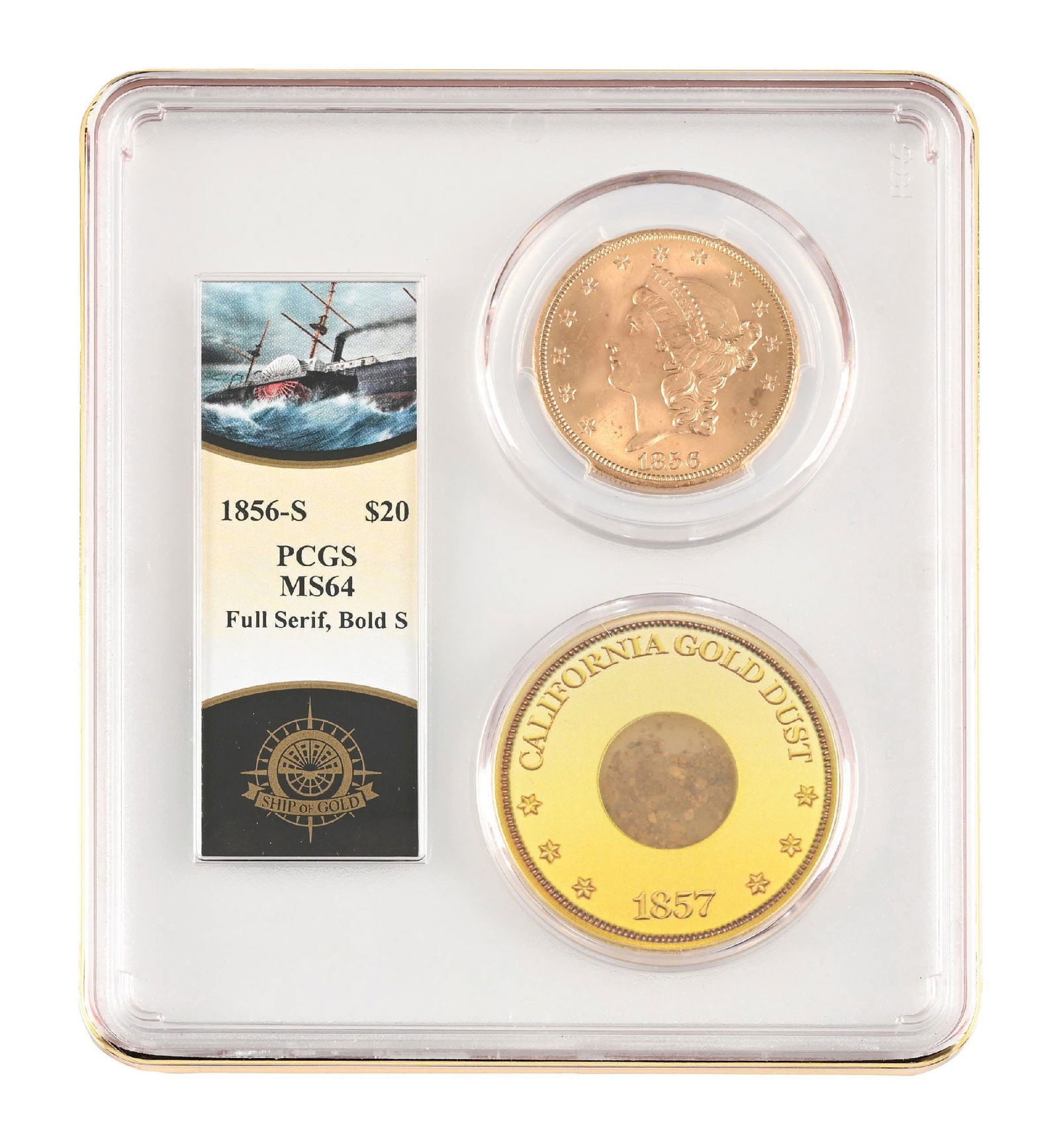 1856-S $20 SHIPWRECK LIBERTY FULL SERIF, BOLD S, MS64 PCGS: 2013 CHINA GOLD G100Y PANDA EARLY RELEASE MS70 1/4 OZ NGC Dimensions: Case: 5" x 4 - 1/2".