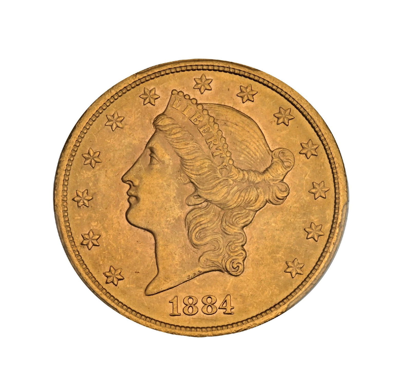 1884-CC $20 MS62 PCGS: A key-date issue from the ever-popular Carson City Mint, offered here in Mint State. This is an exceptionally high-grade example for the type from Carson City, displaying strong attractive original mi