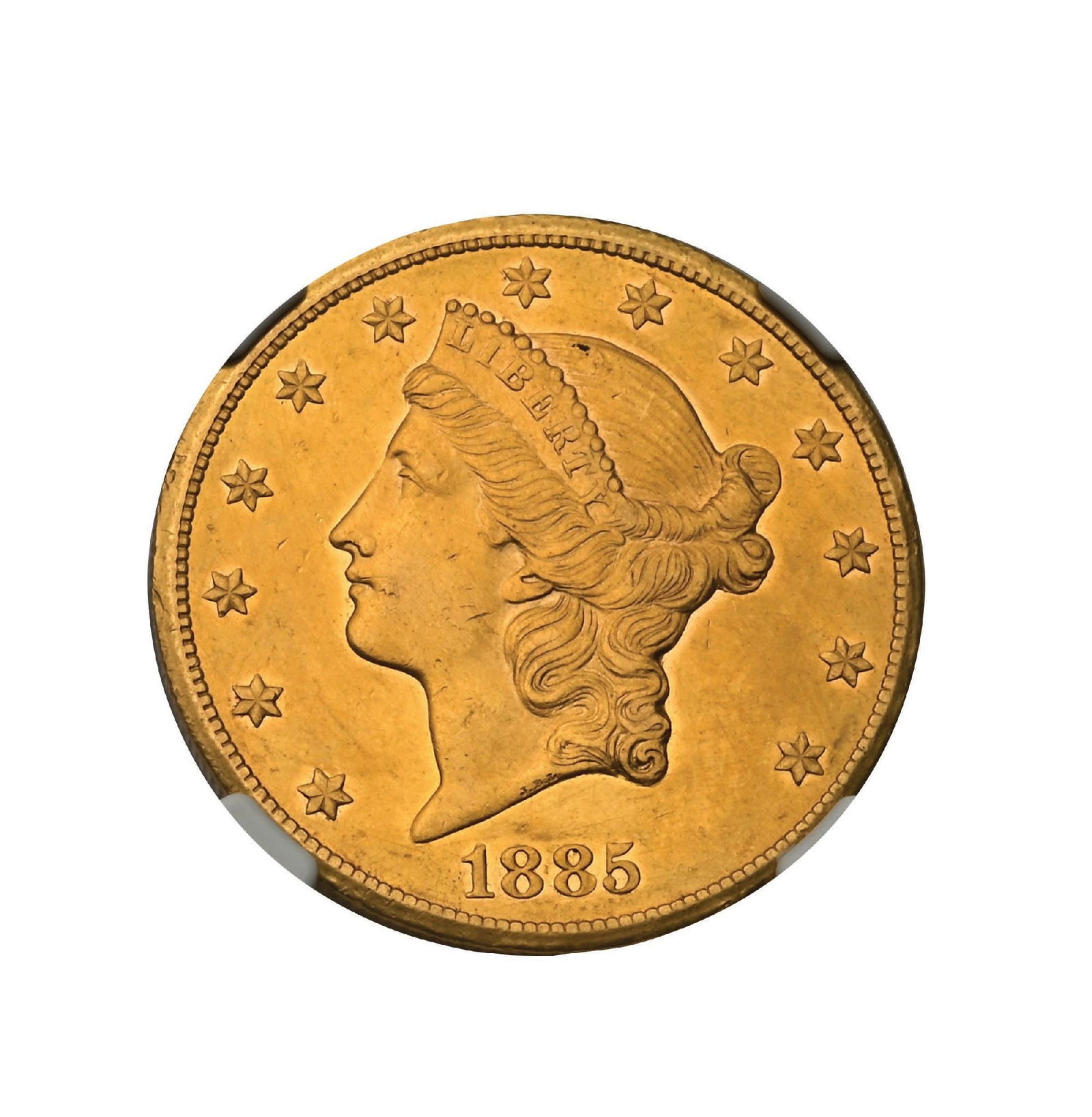 1885-CC $20 DETAILS HARSHLY CLEANED AU NGC: A true key date from the ever-popular Carson City Mint. The 1885-CC, with a low mintage of just 9,450 pieces, is unquestionably a scarce and highly desirable issue. This specimen displays outstanding
