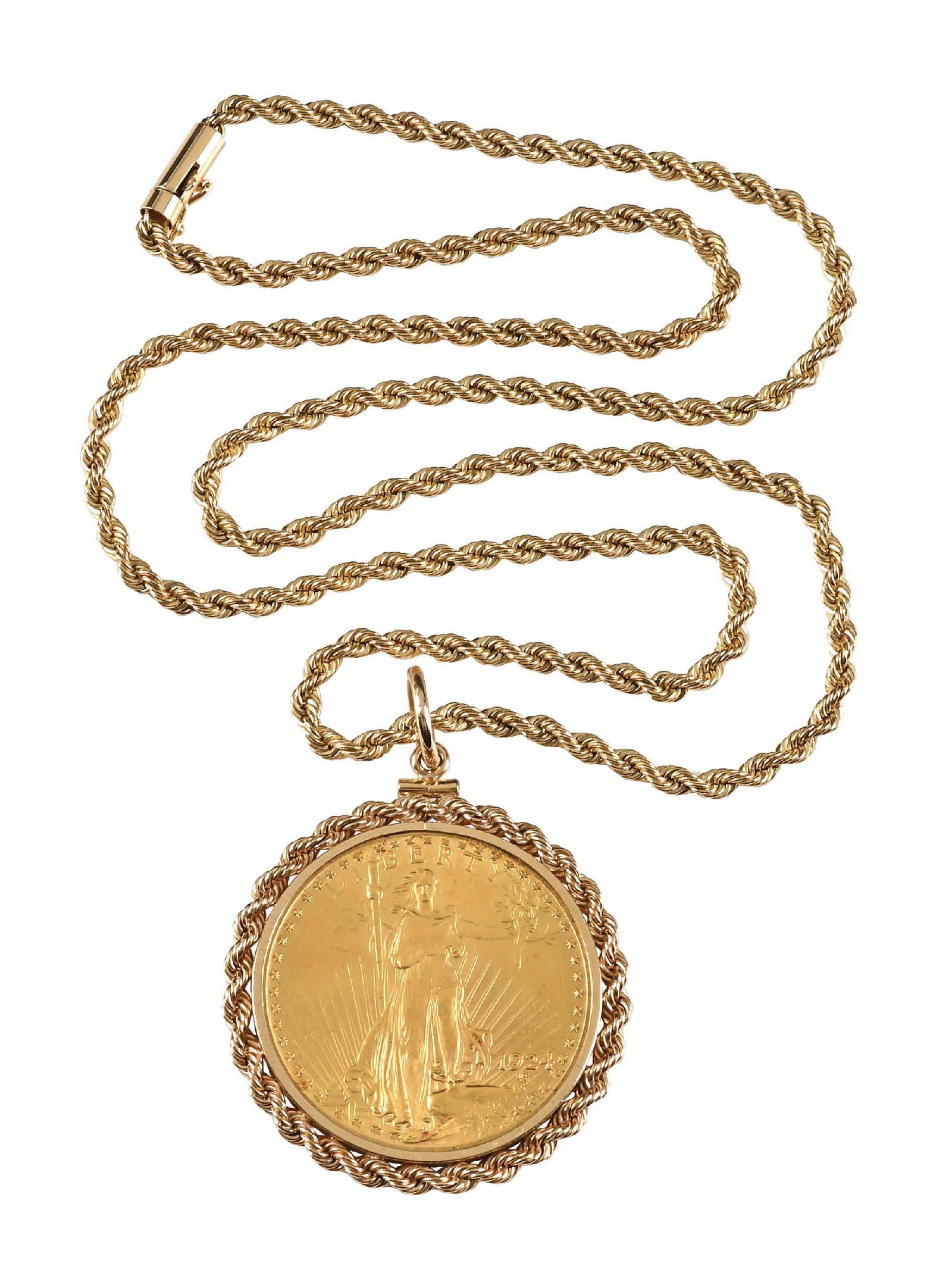 1924 $20 GOLD MOUNTED IN 14K GOLD NECKLACE: 14K gold necklace and mount weigh 29.4 grams.