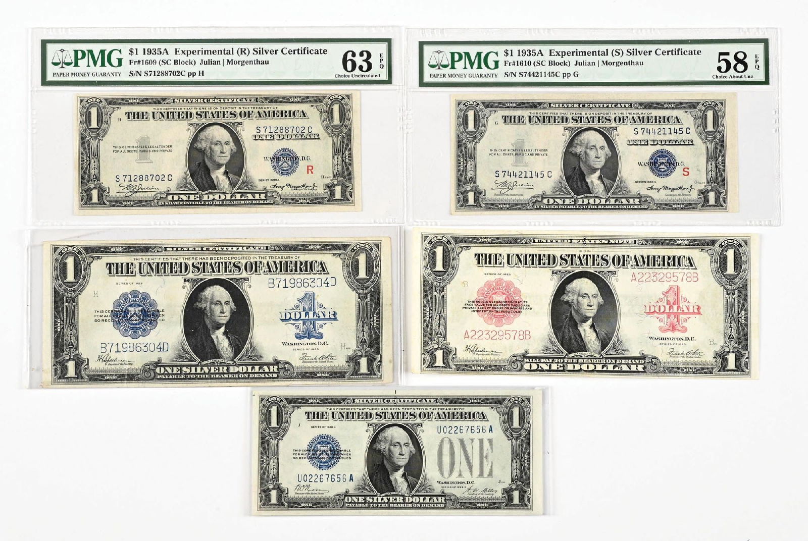 LOT OF 5: VARIOUS $1 BILLS.: 2 graded and 3 ungraded.