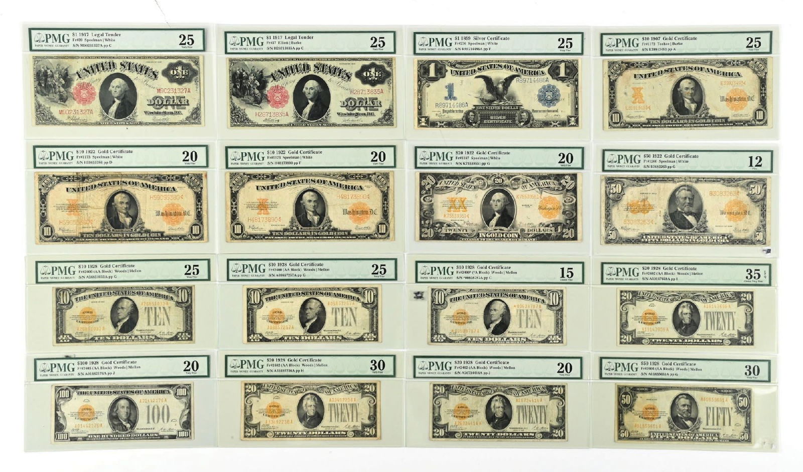 16 GRADED VERY FINE LARGE & SMALL NOTES: This lot offers a desirable mix of 16 circulated PMG-graded notes, evenly divided between 8 Small Size and 8 Large Size examples. The Small Size group consists entirely of Gold Certificates in $10, $2