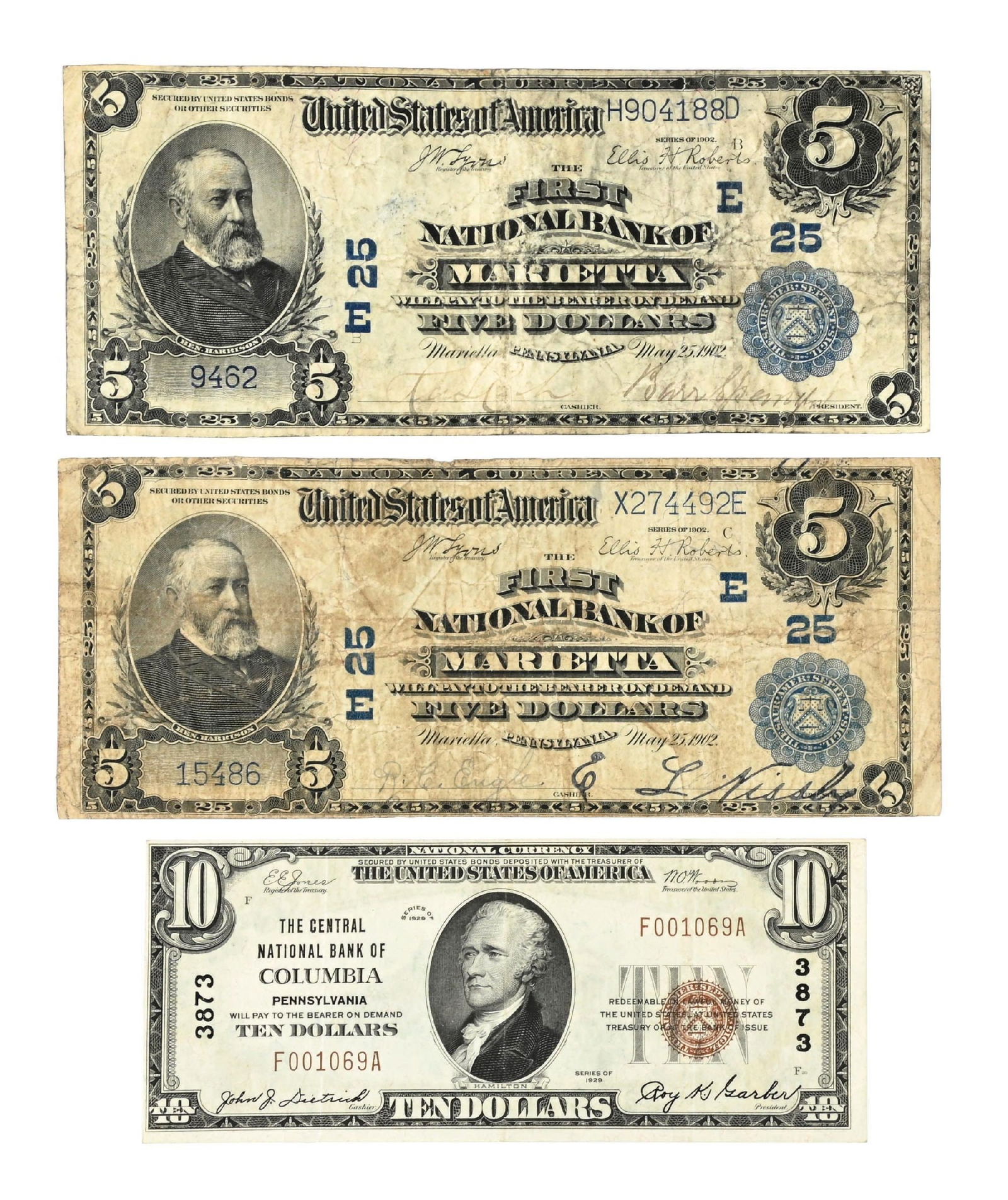 3 FIRST NATIONAL BANK NOTES 3 LS: This three-piece lot features two Large Size $5 1902 Plain Backs from the First National Bank of Marietta, Pennsylvania (Charter # 25), each graded Very Good with honest circulation wear, along with a