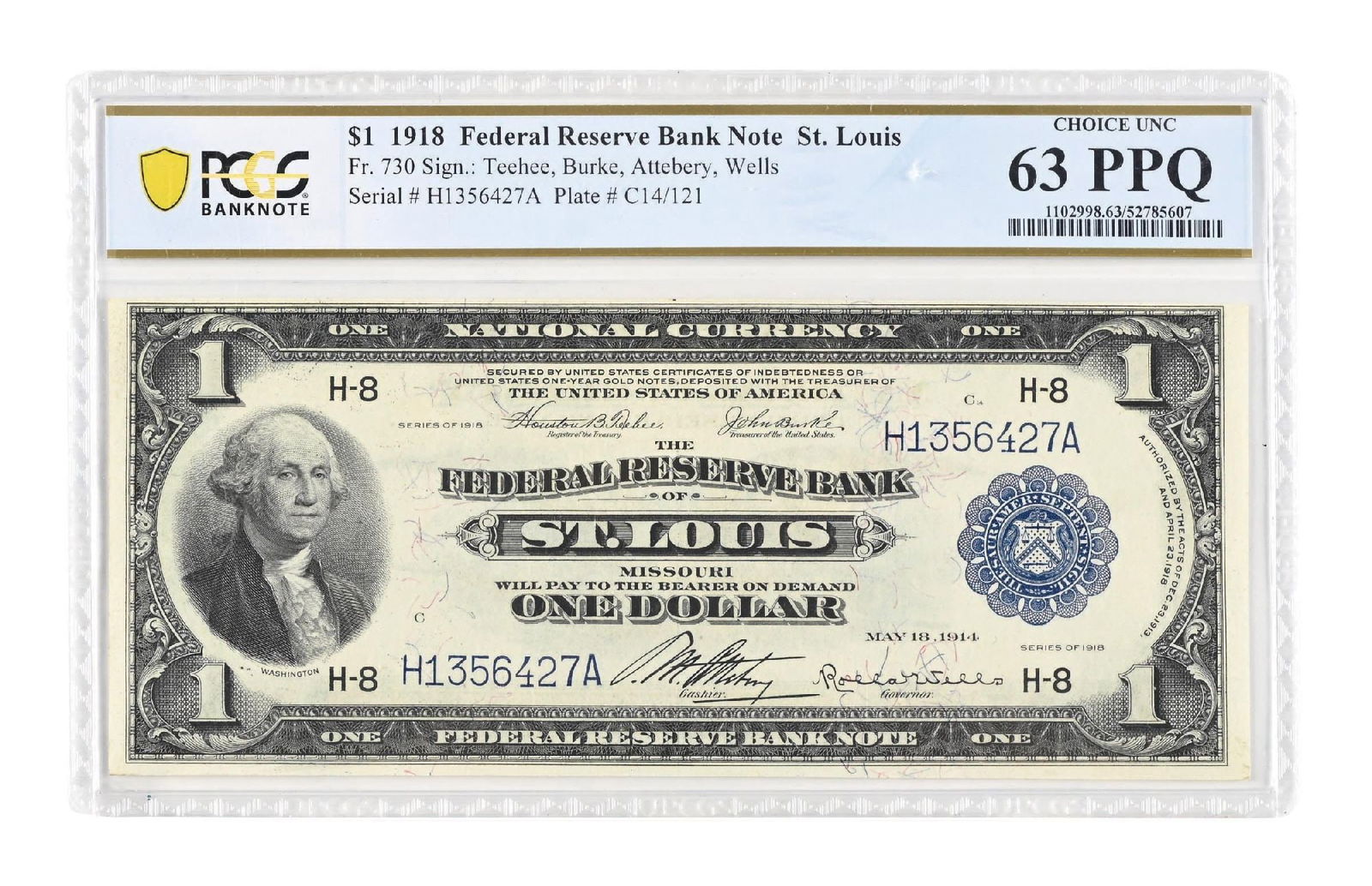 1918 $1 FEDERAL RESERVE BANK NOTE ST. LOUIS PCGS63: 1918 $1 FEDERAL RESERVE BANK NOTE ST. LOUIS PCGS63