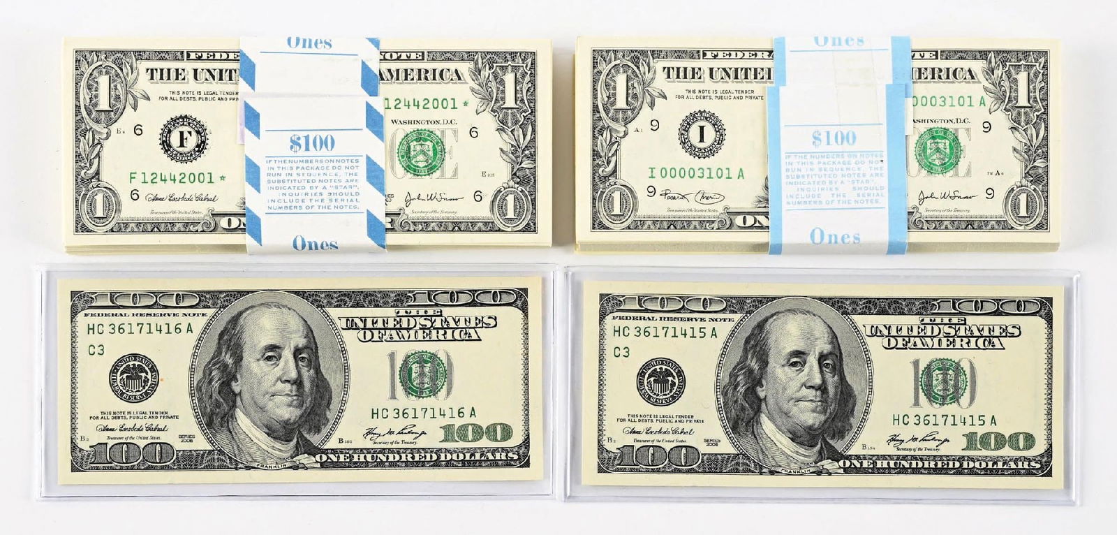 LOT OF 2 100 COUNT $1 PACKS & 2 2006 $100 BILLS: LOT OF 2 100 COUNT $1 PACKS & 2 2006 $100 BILLS