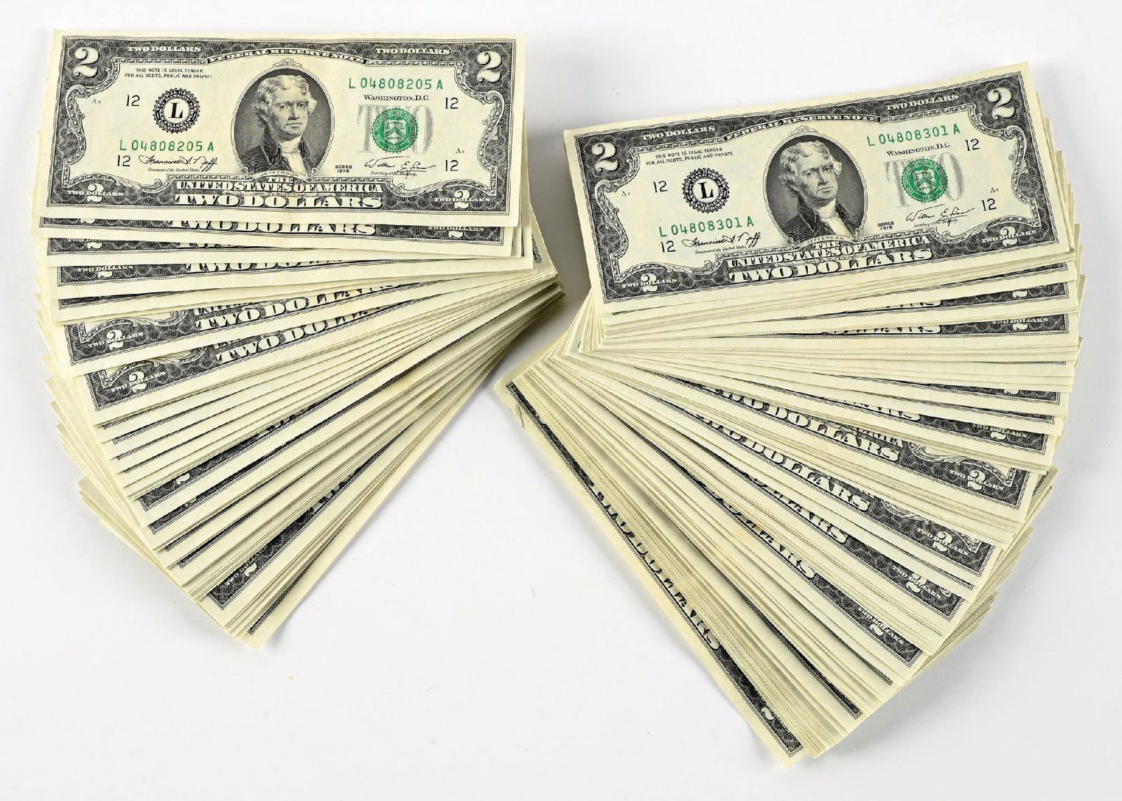 LOT OF 2: $200 IN $2 BILLS: Lot includes 2 bank packs of 100 consecutive number 1976 $2 bills.