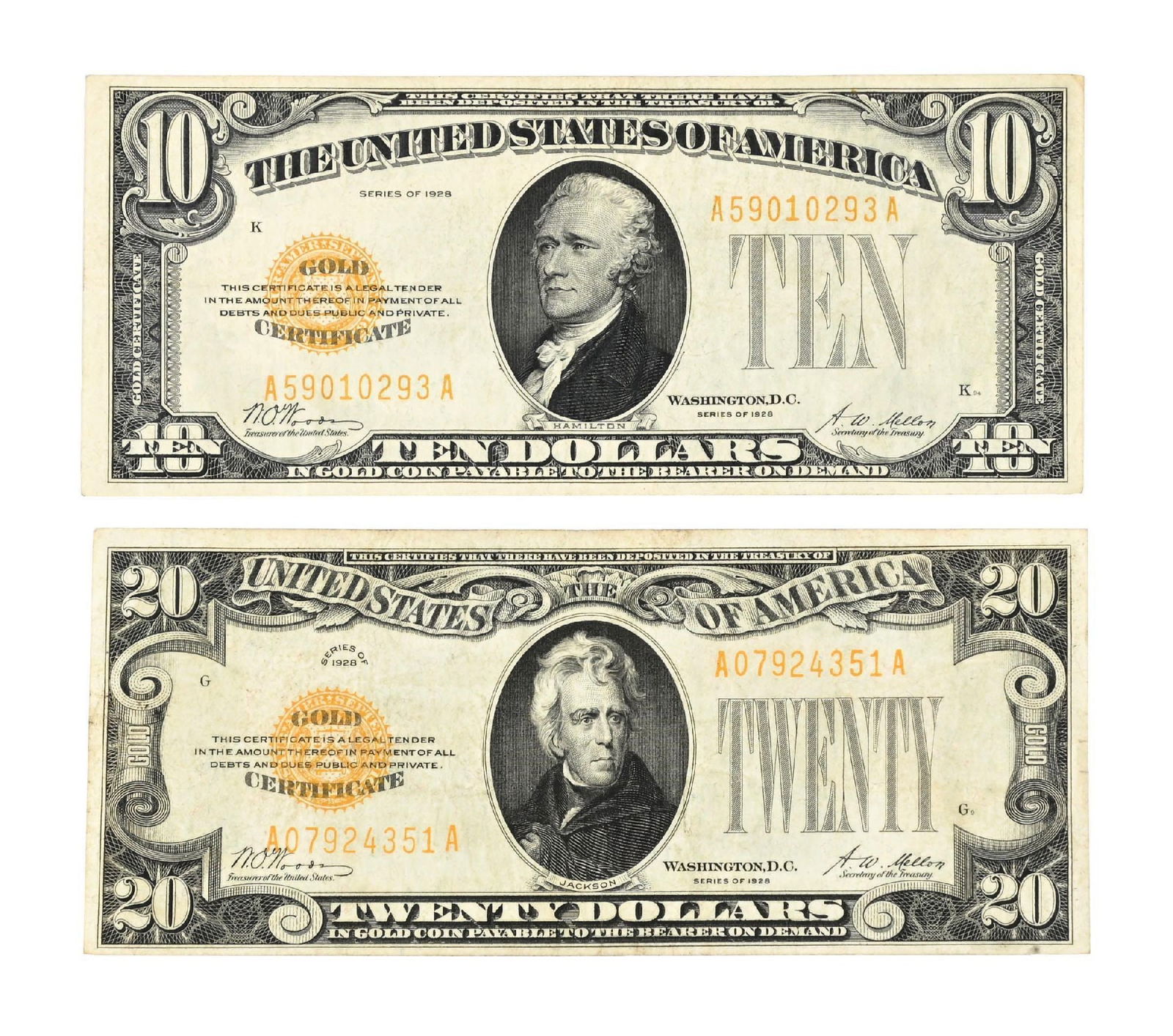 USA GOLD CERTIFICATE $10 & USA GOLD CERTIFICATE $20, BOTH VF: This is a very attractive pair of 1928 Gold Certificates, each graded Very Fine and displaying the even, honest circulation wear that collectors expect at this level. The paper on both notes remains s