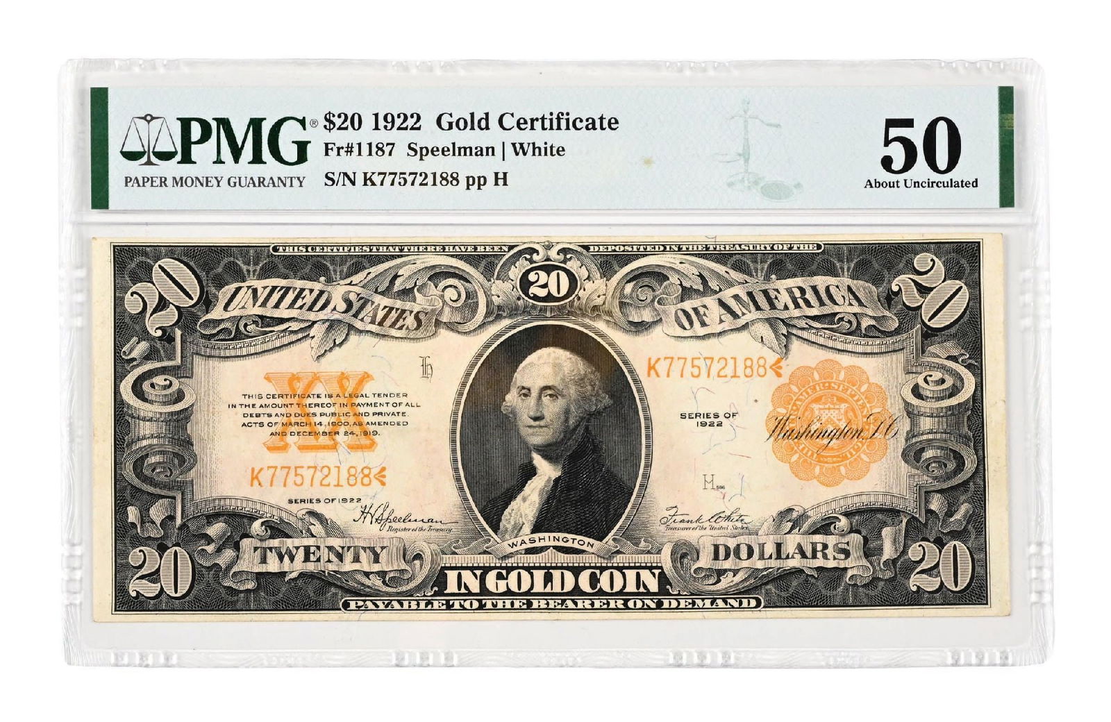 1922 $20 GOLD CERTIFICATE PMG50: 1922 $20 GOLD CERTIFICATE PMG50