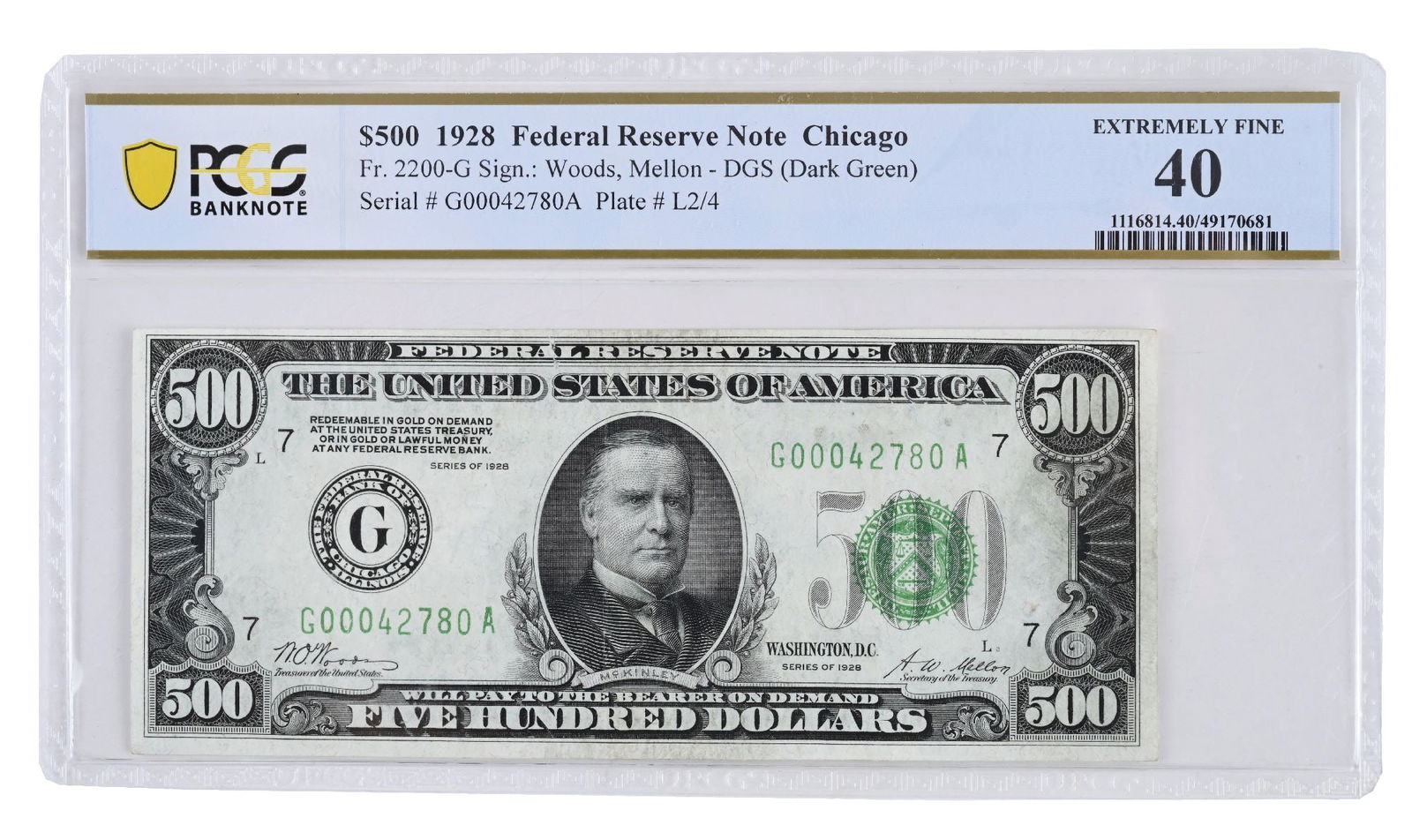 $500 1928 FEDERAL RESERVE NOTE CHICAGO PCGS40: $500 1928 FEDERAL RESERVE NOTE CHICAGO PCGS40