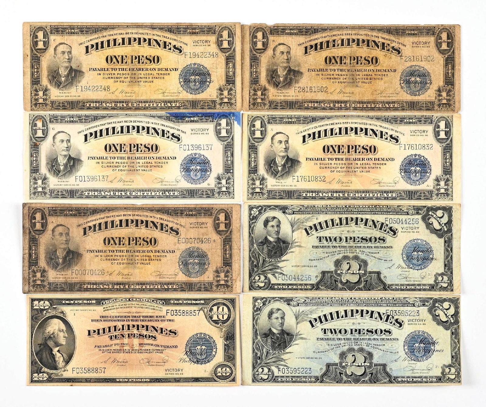 LOT OF 8: ONE, TWO AND TEN PHILIPPINES PESOS BILLS: LOT OF 8: ONE, TWO AND TEN PHILIPPINES PESOS BILLS