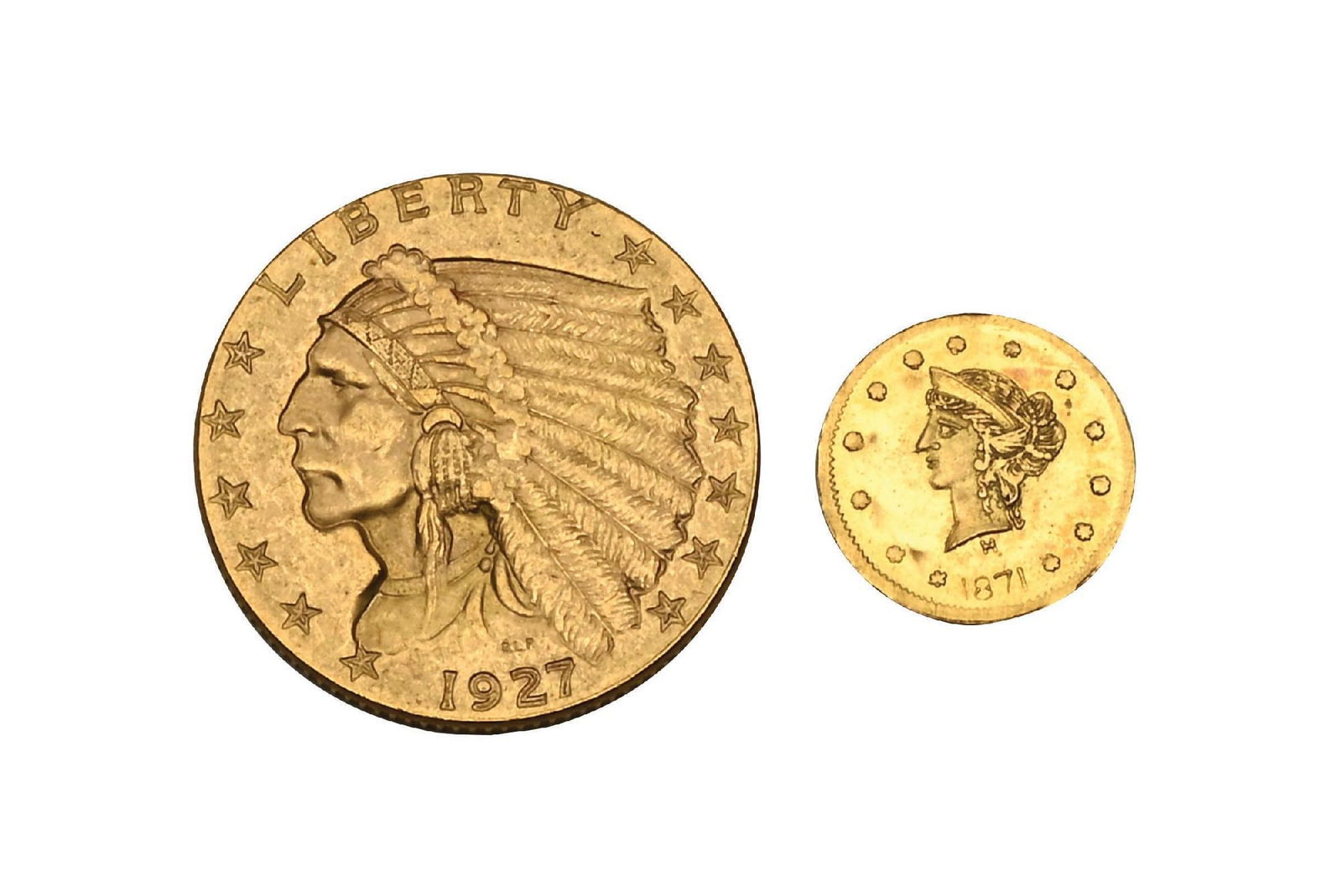 LOT OF 2: 1927 $2.5 & 1871 $.25 DOLLAR GOLD COIN: Lot includes 1927 $2.5 Gold Indian and $.25 California Fractional 1871 Gold Coin.
