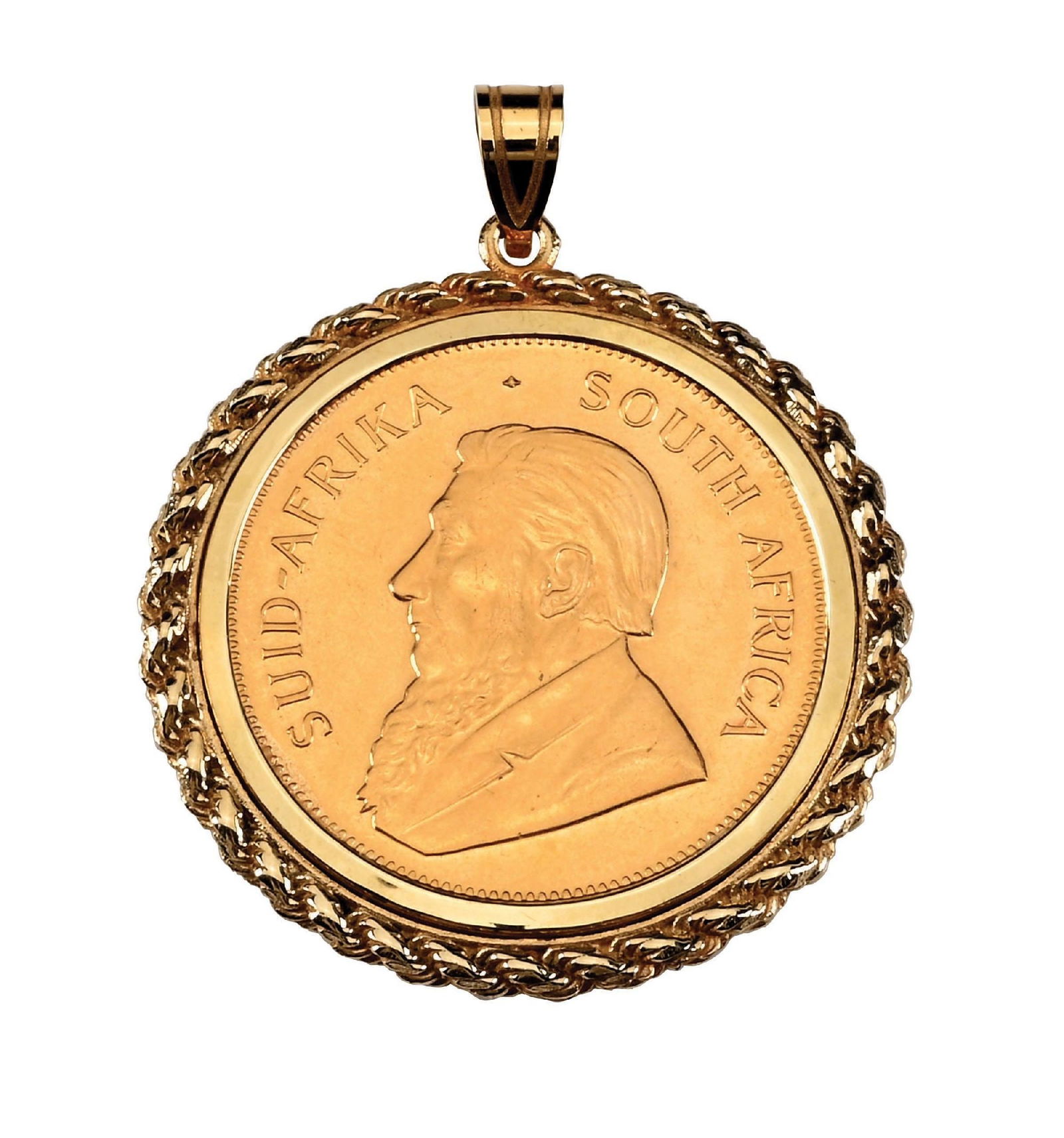 1979 KUGERRAND IN 14K GOLD PENDANT HOLDER: 14K gold pendant holder is just over 9 grams.