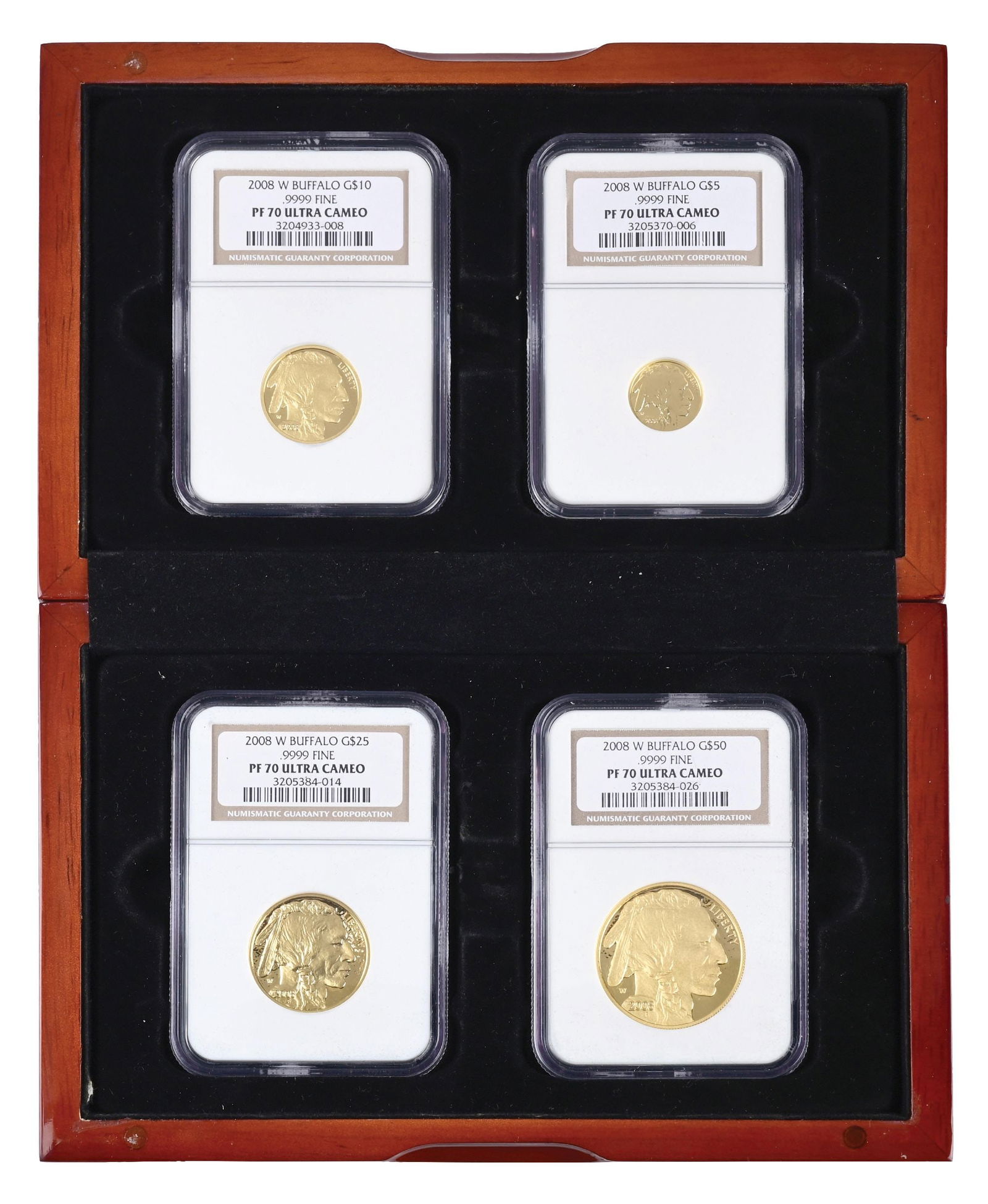 COLLECTION OF 4: 2008 W. BUFFALO COINS. PF70 ULTRA CAMEO NGC: Includes 2008 $5, $10, $25 & $50 Buffalos.