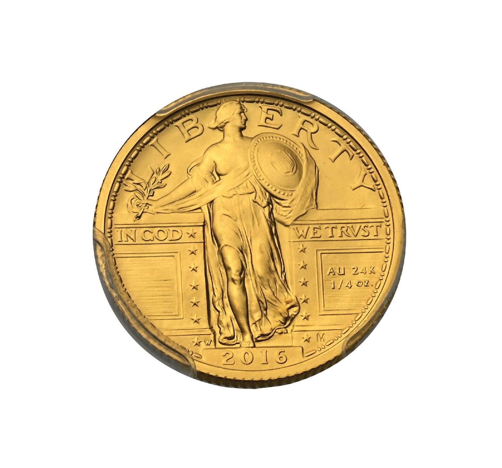 2016-W 25¢ STANDING LIBERTY QUARTER SP70 100TH ANNIVERSARY FIRST STRIKE 1/4 OZ GOLD PCGS: 2016-W 25¢ STANDING LIBERTY QUARTER SP70 100TH ANNIVERSARY FIRST STRIKE 1/4 OZ GOLD PCGS Condition: (Excellent).