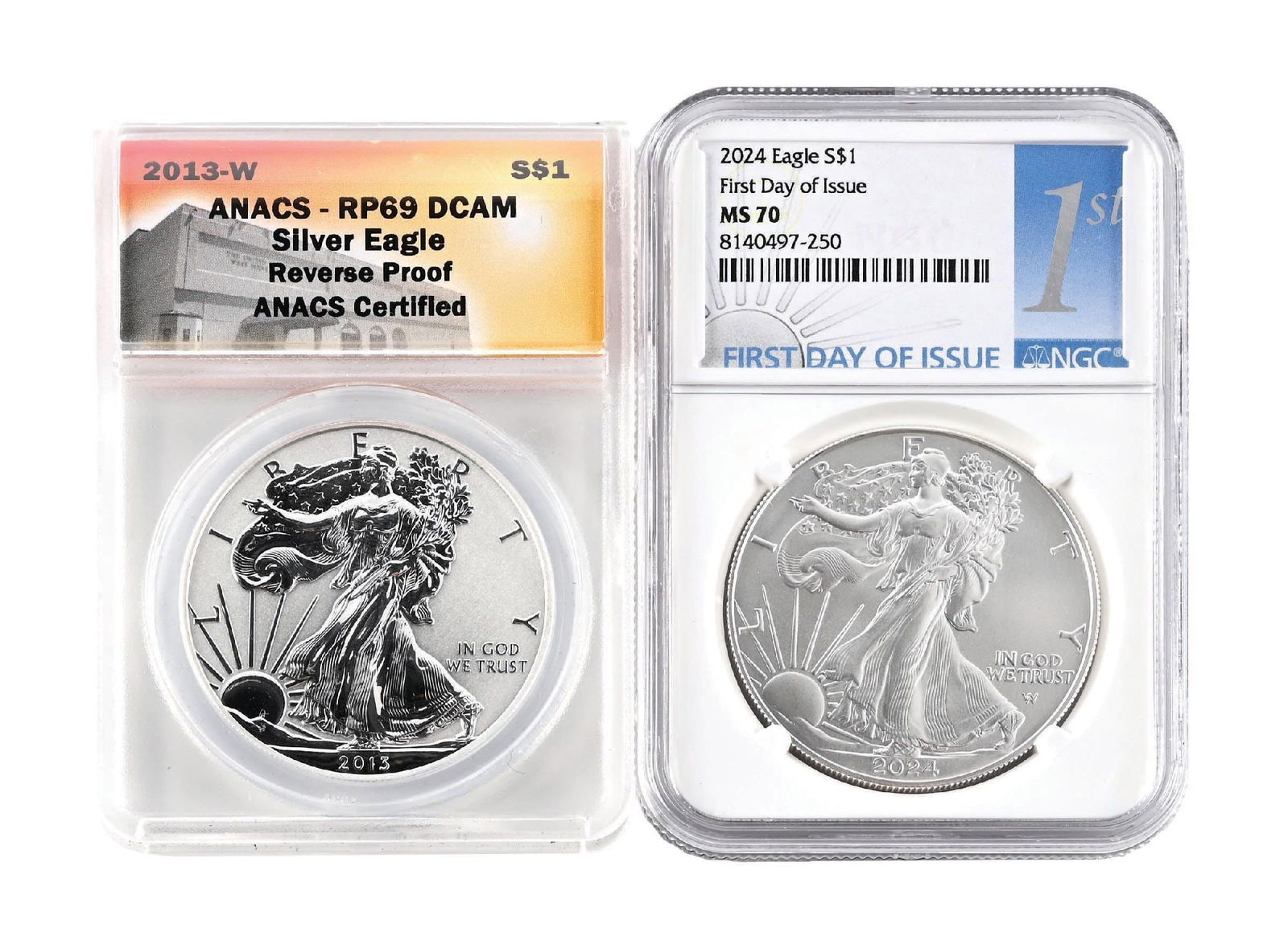 LOT OF 2: 2024 $1 S EAGLE MS70 & 2013-W ANCS-RP69 DCAM S EAGLE: LOT OF 2: 2024 $1 S EAGLE MS70 & 2013-W ANCS-RP69 DCAM S EAGLE Condition: (Excellent).