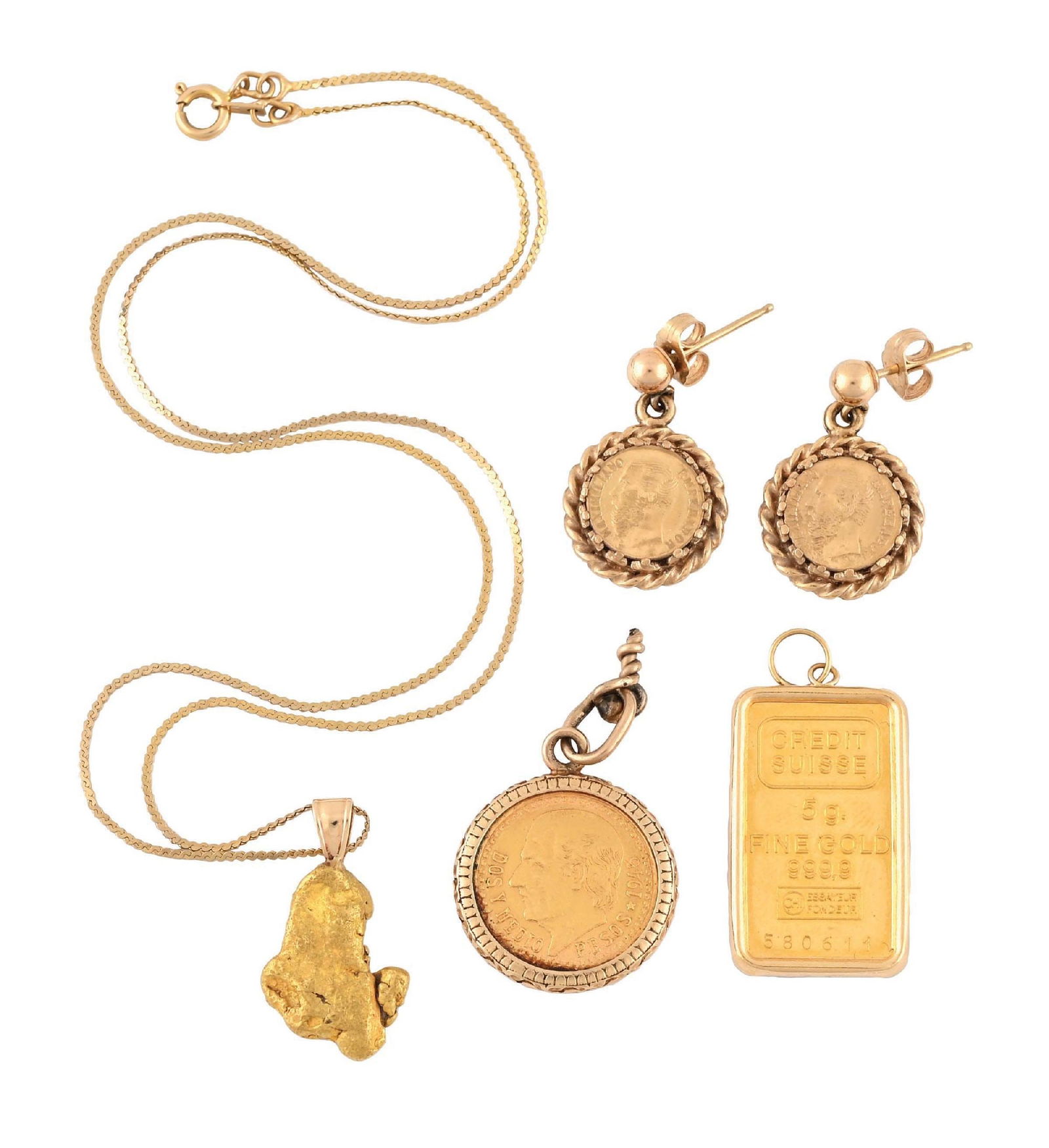VARIOUS GOLD JEWELRY LOT: Includes 5 gram mounted gold bar and 1945 mounted gold peso. All set in 14K gold. Entire lot weighs 18.3 grams.