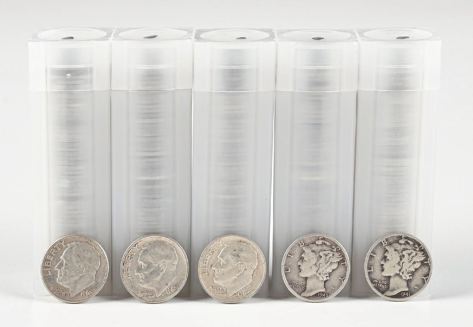 5 ROLLS OF SILVER DIMES: 20 $1 MS62 PCGS Dimensions: Each Tube: 2 - 3/4" x 7/8".