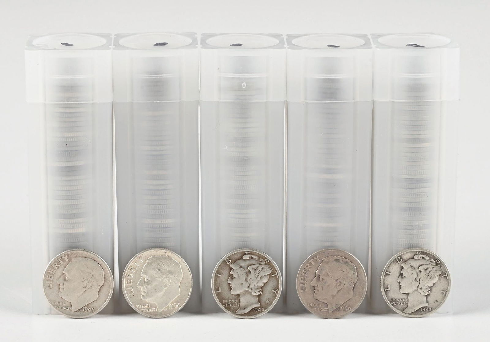 5 ROLLS OF SILVER DIMES: 20 MIXED $1 MS64 PCGS Dimensions: Each Tube: 2 - 3/4" x 7/8".