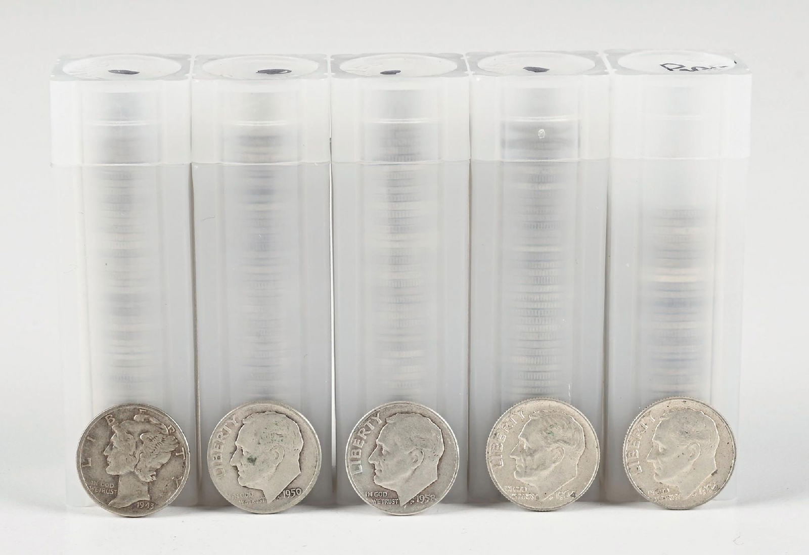 5 ROLLS OF SILVER DIMES: 16 $1 MS62 AND MS64 PCGS Dimensions: Each Tube: 2 - 3/4" x 7/8".