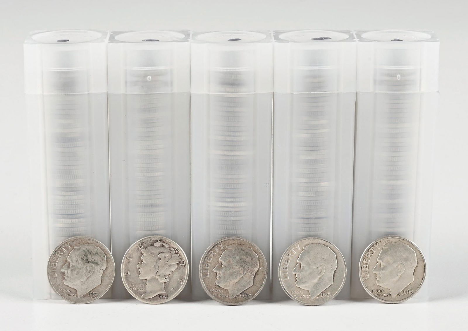 5 ROLLS OF SILVER DIMES: 20 1881-S $1 MS62 PCGS Dimensions: Each Tube: 2 - 3/4" x 7/8".