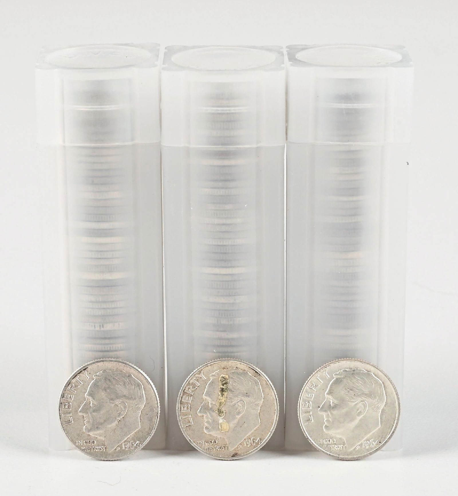 3 ROLLS OF SILVER ROOSEVELT DIMES: 20 1881-S $1 MS63 PCGS Dimensions: Each Tube: 2 - 3/4" x 7/8".