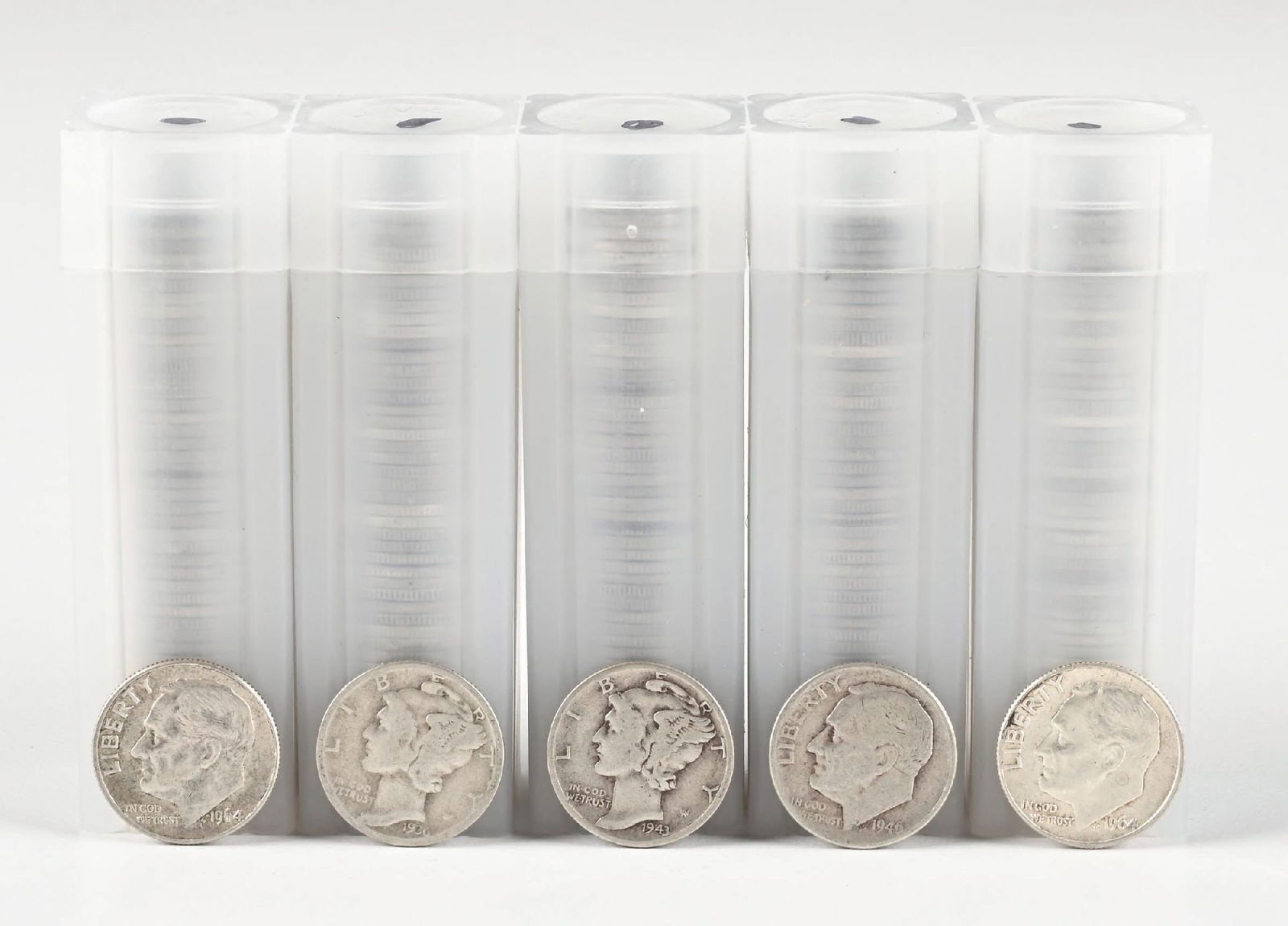 5 ROLLS OF SILVER DIMES: 20 $1 MS63 PCGS Dimensions: Each Tube: 2 - 3/4" x 7/8".