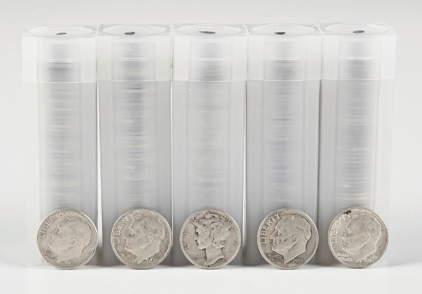 5 ROLLS OF SILVER DIMES: 19 1881-S $1 MS62 PCGS Dimensions: Each Tube: 2 - 3/4" x 7/8".