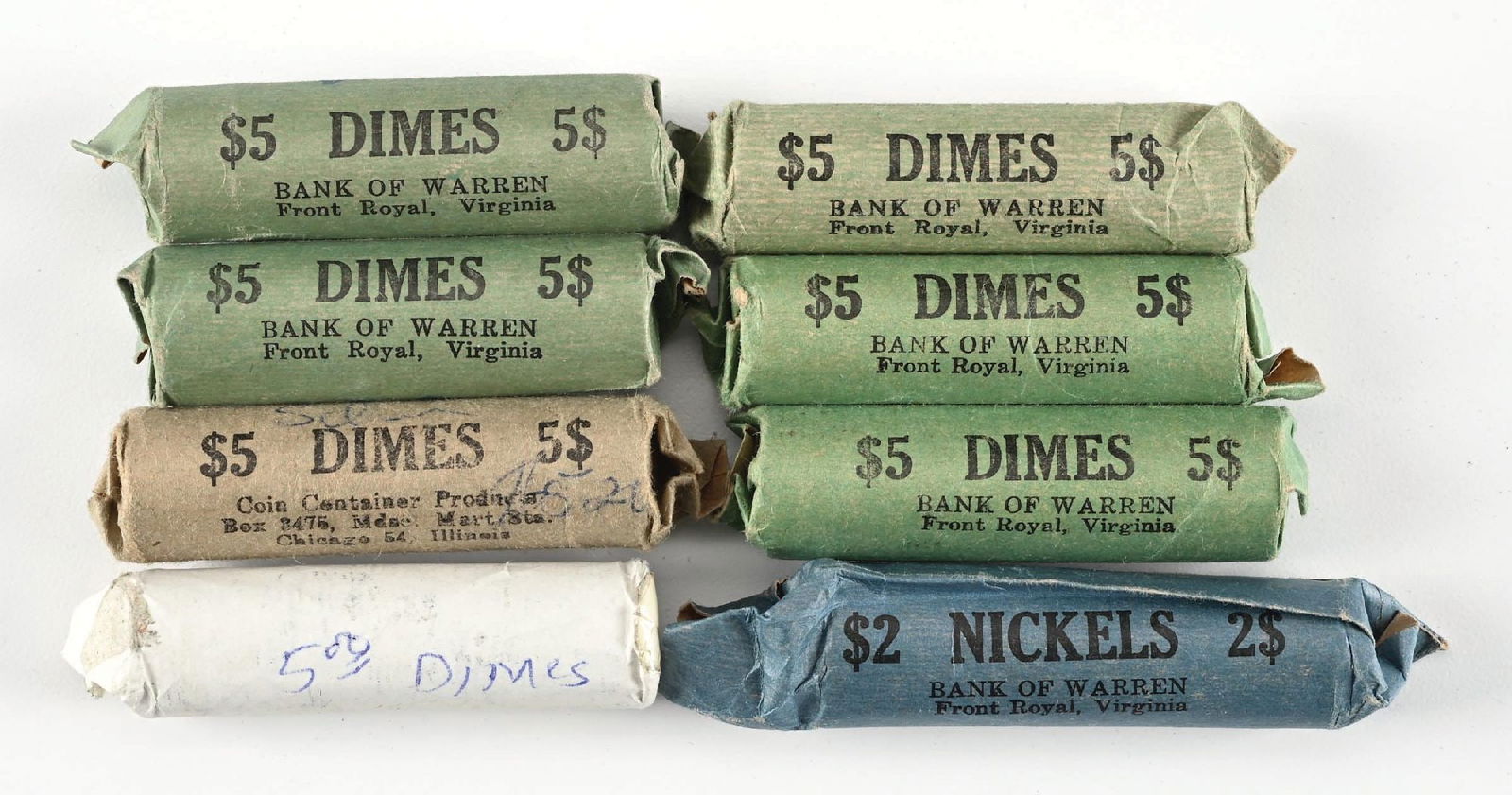 8 ROLLS OF SILVER DIMES: LARGE LOT OF VARIOUS DEMONITION BILLS. Dimensions: Each Roll: 2 - 1/2" L.