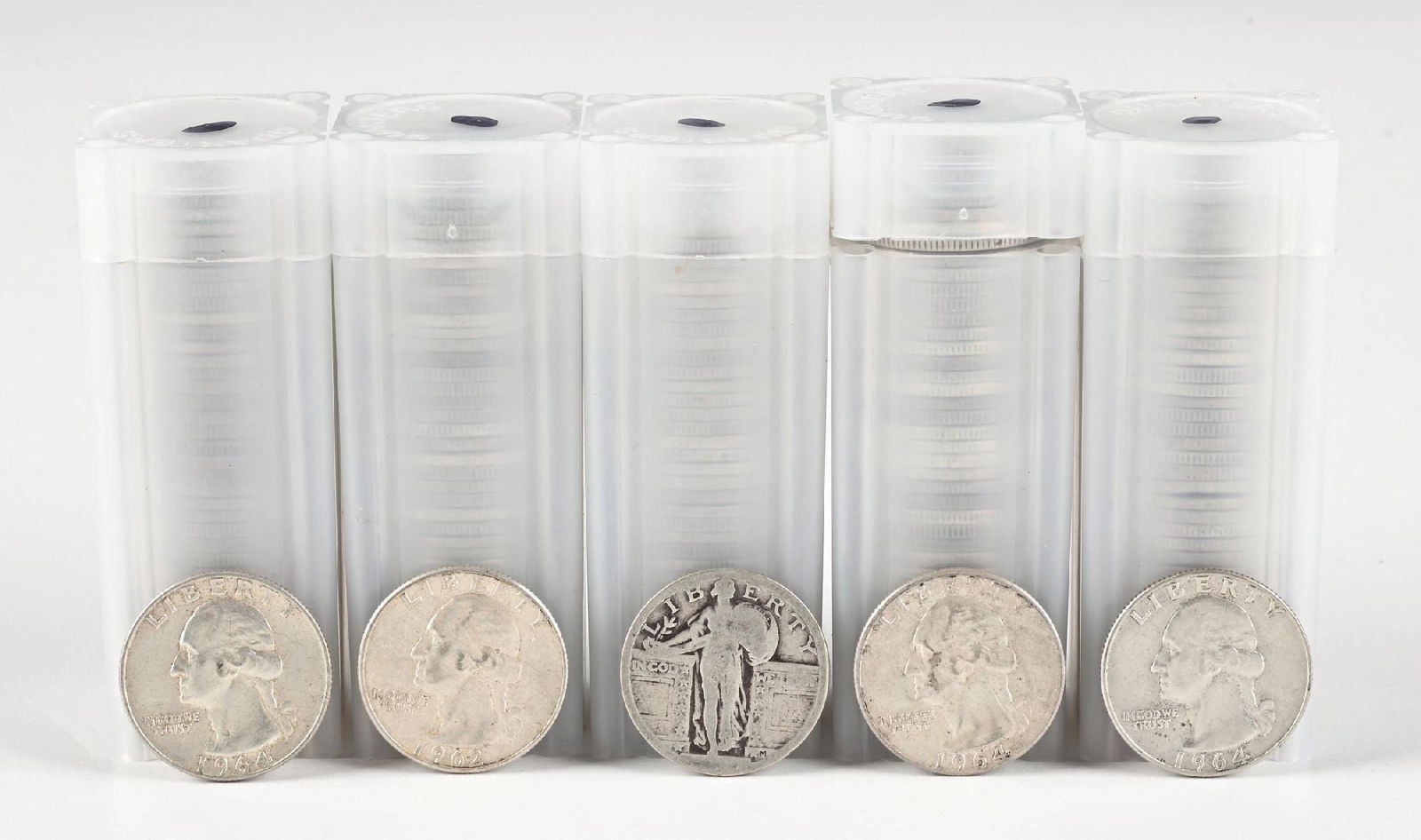 5 ROLLS OF SILVER QUARTERS: Includes 2 Mercury Dime rolls and 6 silver Roosevelt dime rolls. Dimensions: Each Tube: 2 - 7/8" x 1 - 1/8".