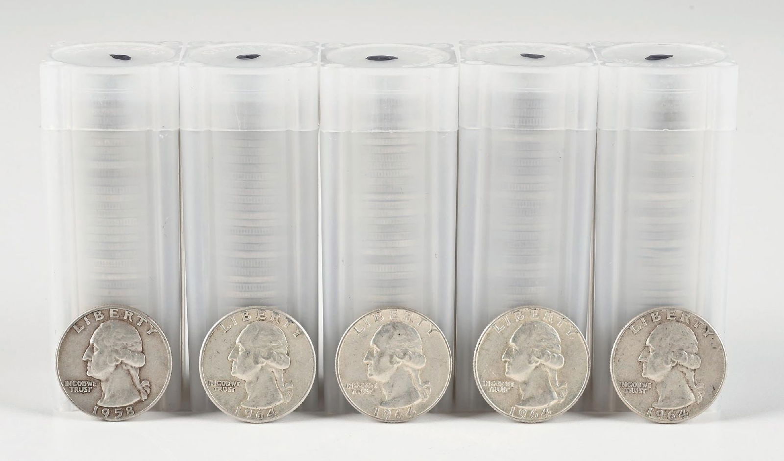 5 ROLLS OF SILVER QUARTERS: 3 rolls of mixed Franklin Half dollars. Circulated condition. Dimensions: Each Tube: 2 - 7/8" x 1 - 1/8".
