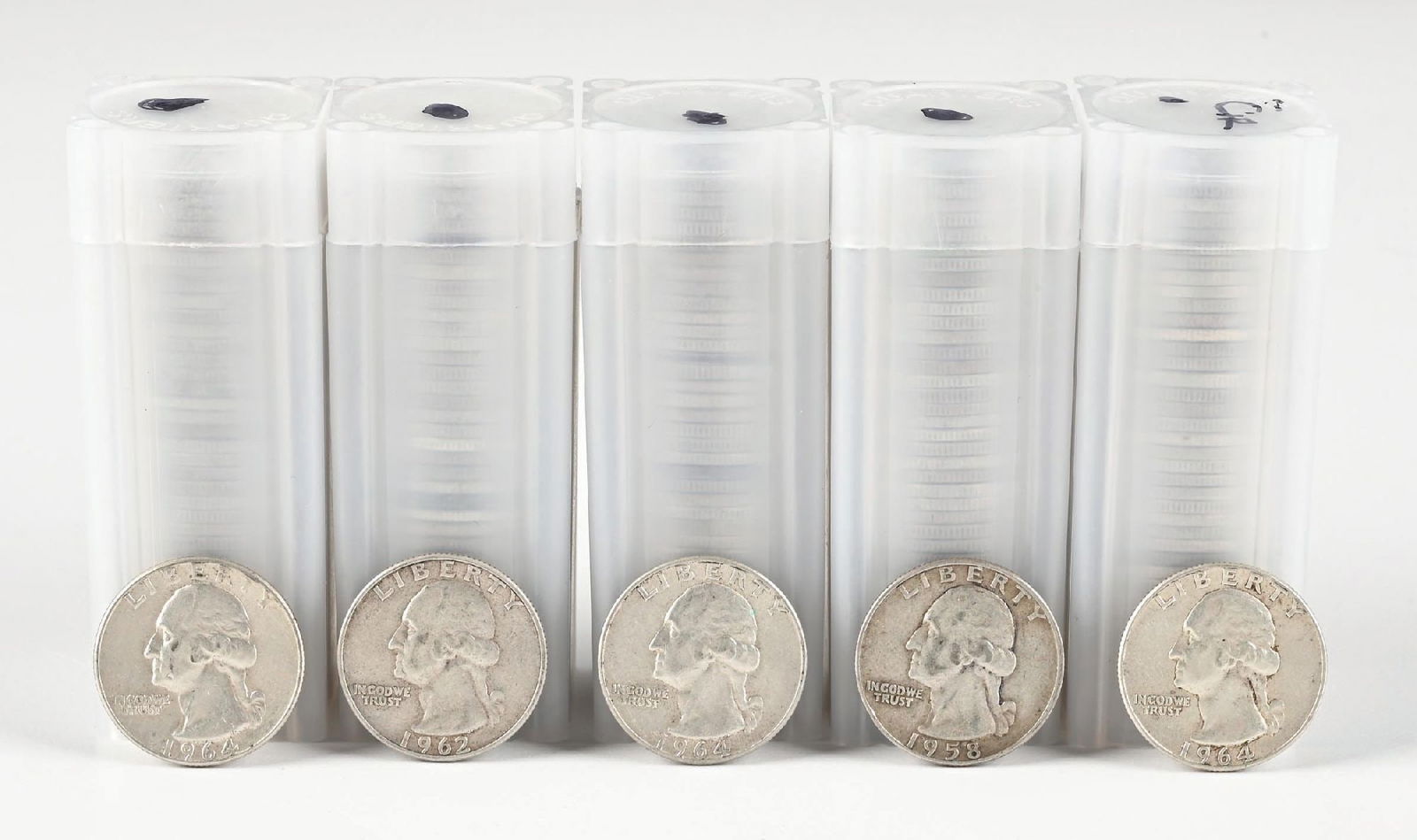 5 ROLLS OF SILVER QUARTERS: Includes Walking Liberties and Franklins. Dimensions: Each Tube: 2 - 7/8" x 1 - 1/8".