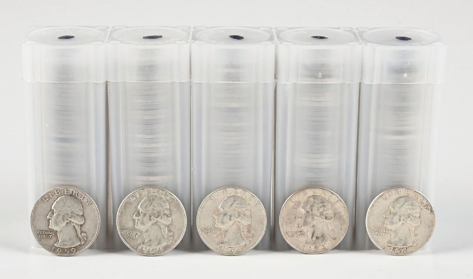 5 ROLLS OF SILVER QUARTERS: Lot includes 3 rolls of mixed silver half dollars. Dimensions: Each Tube: 2 - 7/8" x 1 - 1/8".