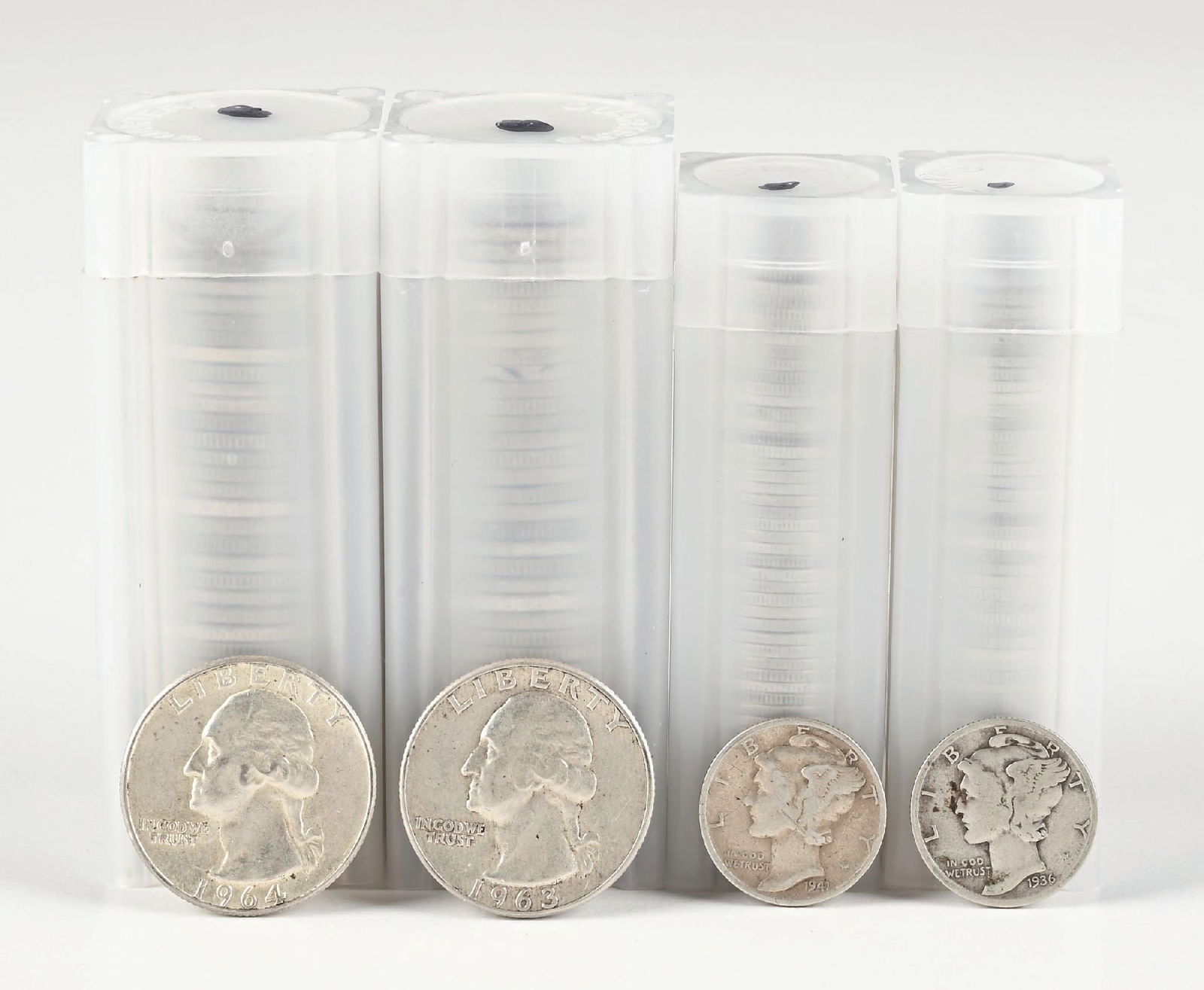4 ROLLS OF SILVER COINS - 2 DIME AND 2 QUARTER: Lot of 22 circulated Morgan and Peace dollars. Dimensions: Largest Tube: 2 - 7/8" x 1 - 1/8".