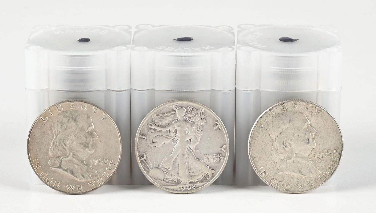3 ROLLS OF MIXED SILVER HALF DOLLARS: Large assortment of early bills. Includes many confederate. Dimensions: Each Tube: 1 - 3/4" x 1 - 3/8".