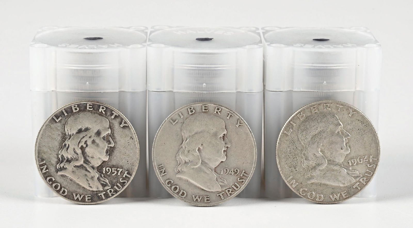 3 ROLLS OF FRANKLIN HALF DOLLARS: LOT OF 34: VARIOUS PHILIPPINES PAPER CURRENCY Dimensions: Each Tube: 1 - 3/4" x 1 - 3/8".