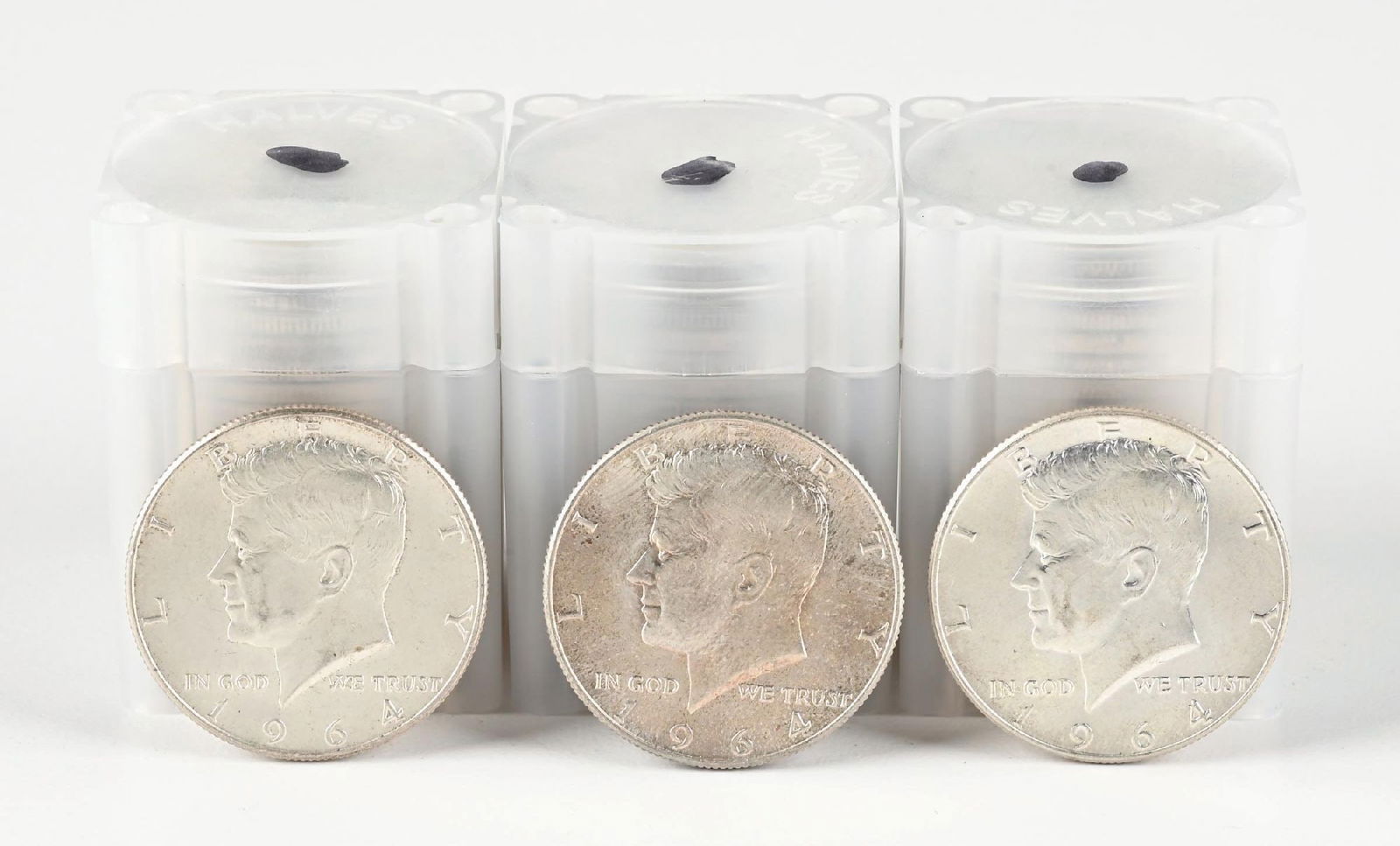 3 ROLLS OF SILVER KENNEDY HALF DOLLAR ROLLS: Includes 2 1921, 1 1921-S and 1928 Peace. VG+ condition. Dimensions: Each Tube: 1 - 3/4" x 1 - 3/8".