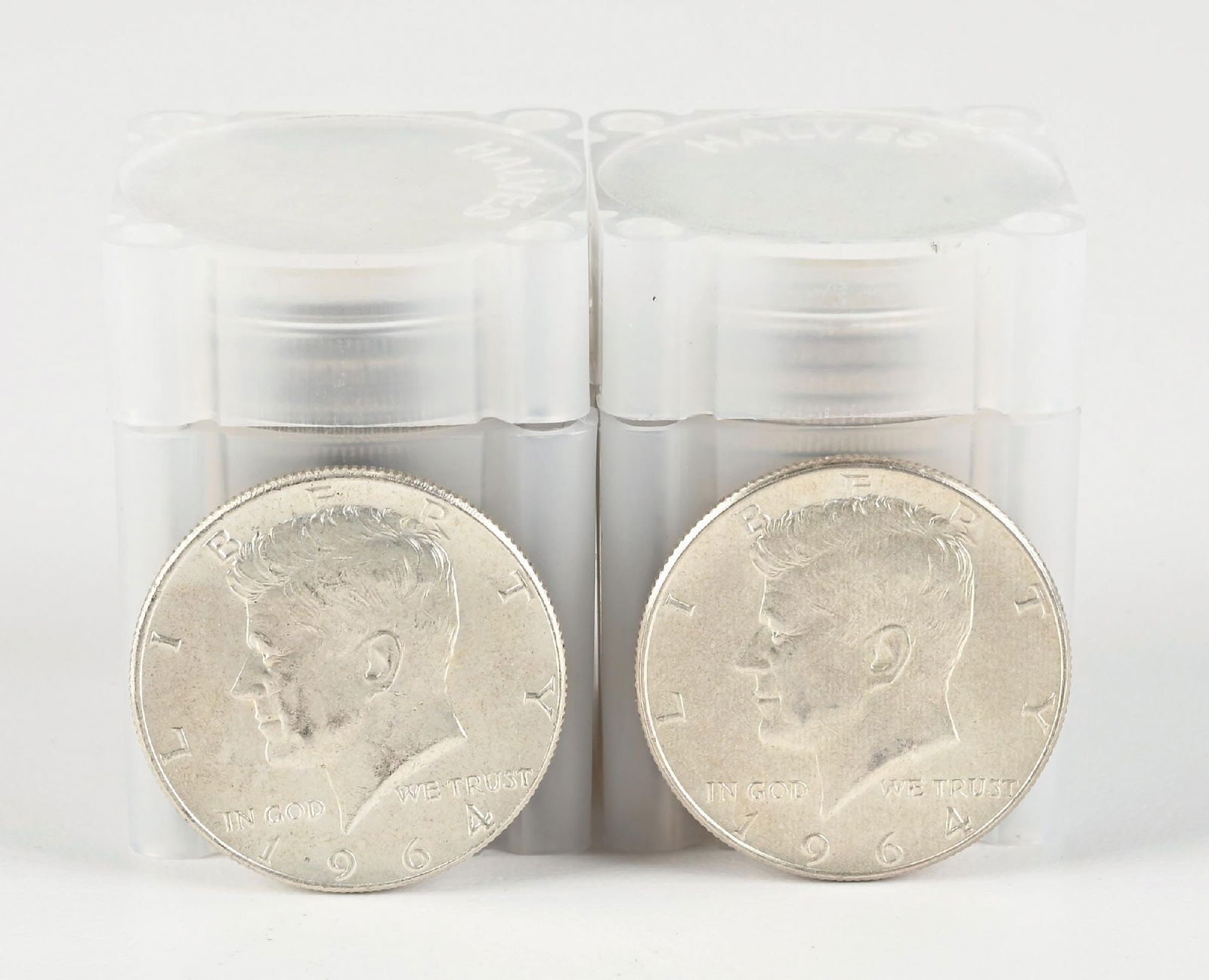 2 ROLLS OF SILVER KENNEDY HALF DOLLARS: Beautiful example. Great candidate for grading. Dimensions: Each Tube: 1 - 3/4" x 1 - 3/8".