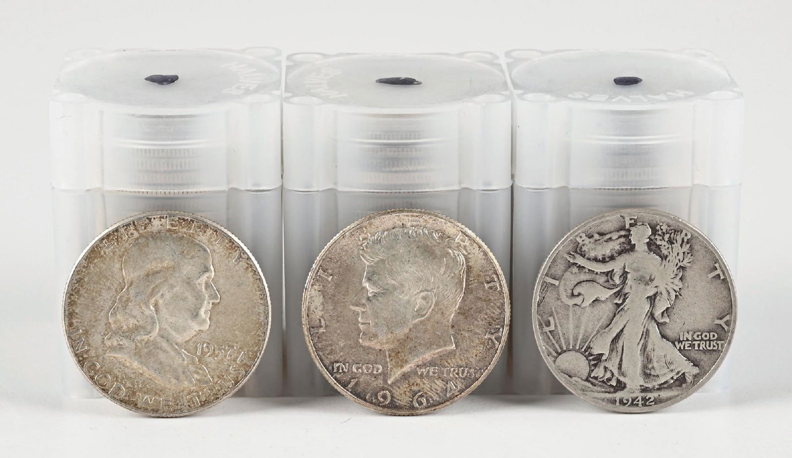 3 ROLLS OF SILVER HALF DOLLARS: Nice original 1909-S Indian Head. Dimensions: Each Tube: 1 - 3/4" x 1 - 3/8".